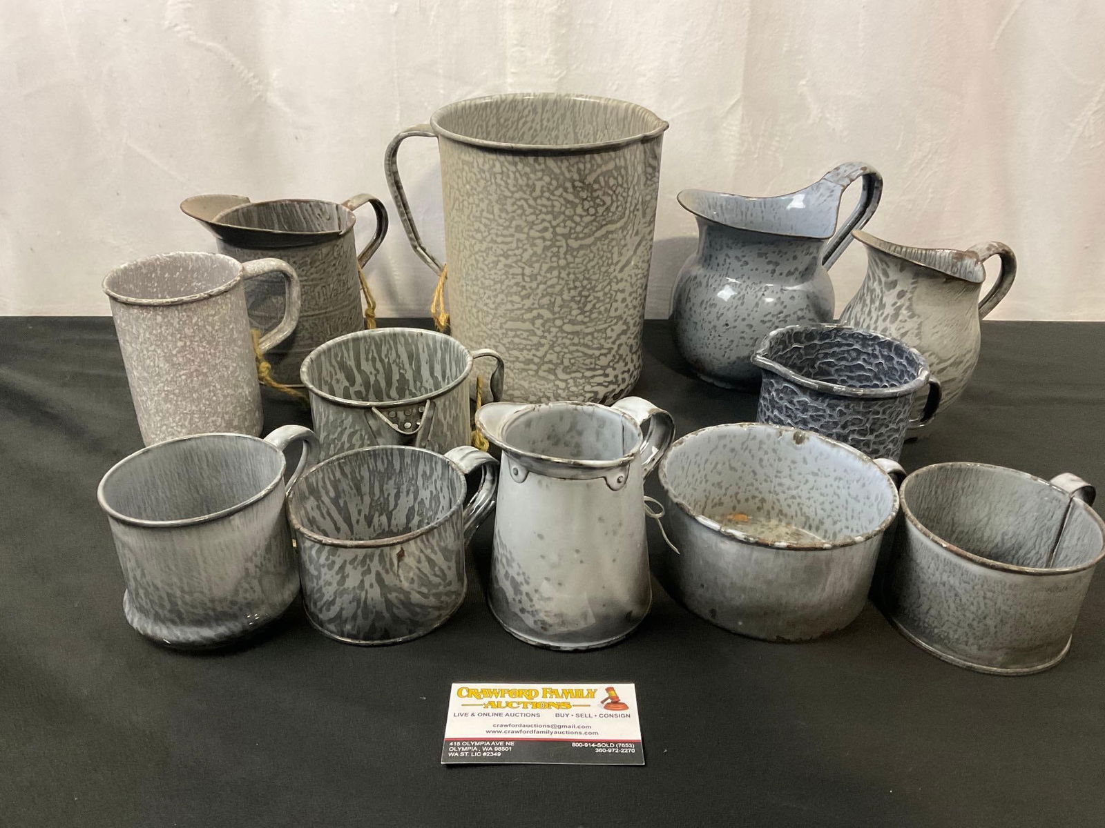 Vintage Speckled Enamelware Cups, Mugs, and Creamers, mostly light grey in color, 12 pcs (1 of 1)