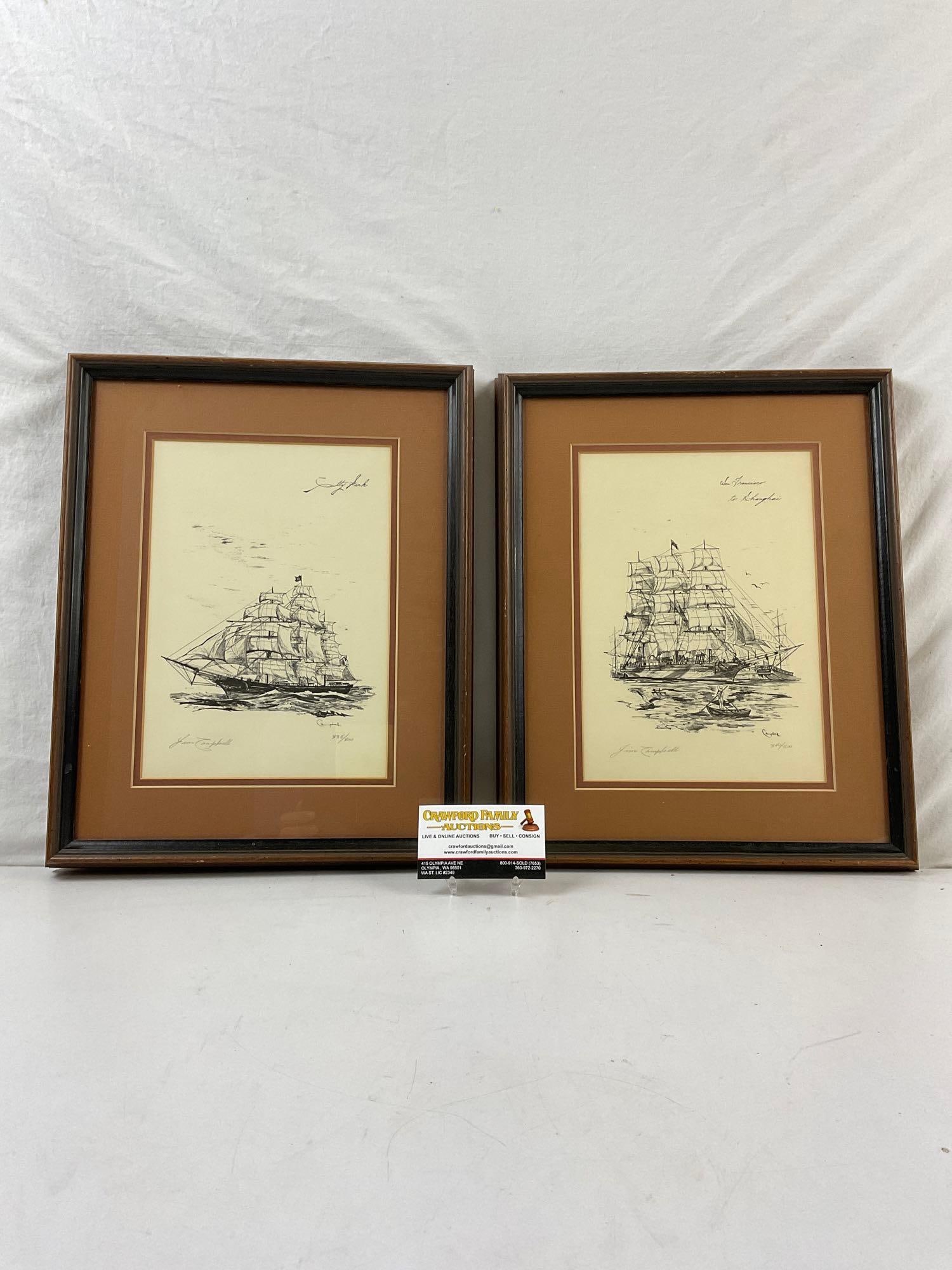 Pair of Framed Signed Jim Campbell Sailing Ship Prints. Ltd Ed. #'s 335/500 & 340/500. See pics. (1 of 1)