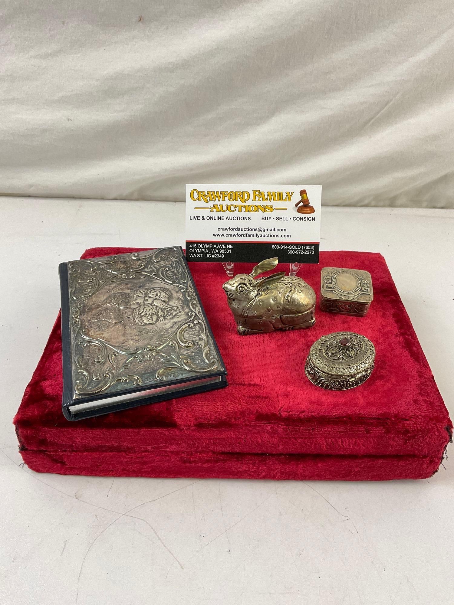 4 pcs Sterling Silver & Silver Plate Desk Ornaments. Hallmarked Sterling Silver book. See pics. (1 of 1)