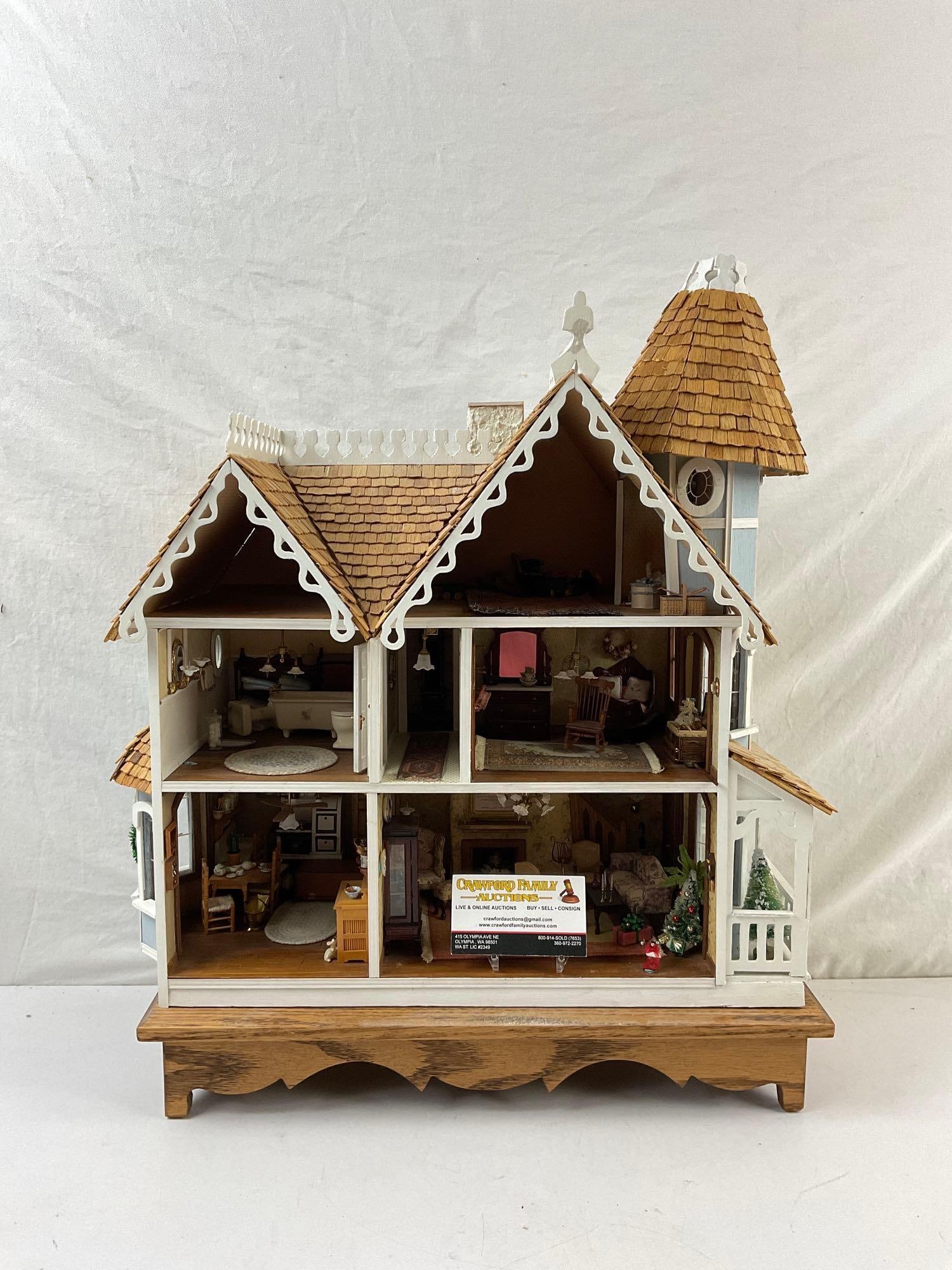 Vintage Handmade Wooden Doll's House w/ Assorted Miniatures and Wooden Stand. See pics. (1 of 1)