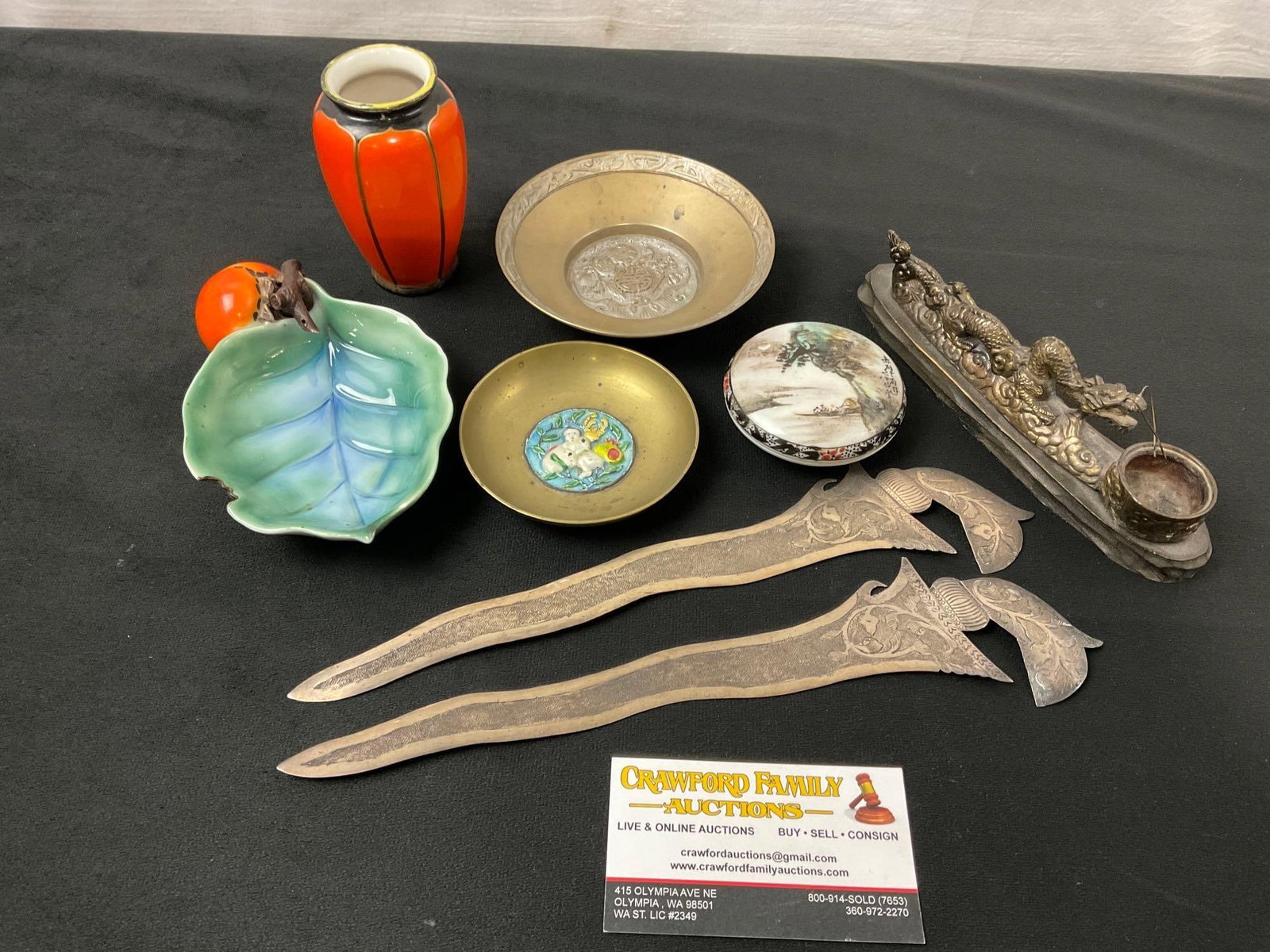 Pair of Indonesian Dagger/Letter Opener, Shofu Sm Vase, Dragon Incense Piece, and more, 8 pcs: Appears to be in good shape, pieces are about 40-70 years old. Indonesian pieces measures about 8 inches long. See pics. E-2537
