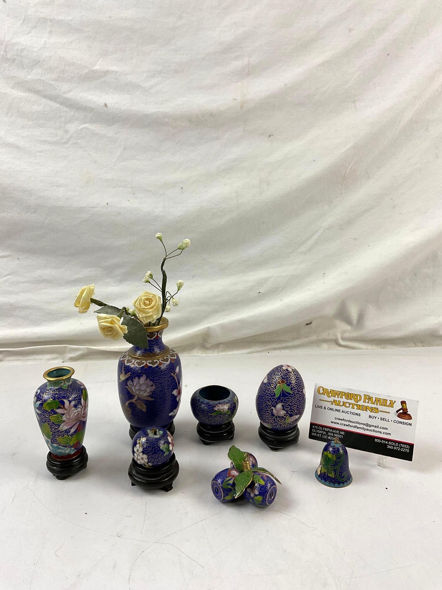 7 pcs Assorted Vintage Chinese Cloisonne Decorations w/ Wooden Stands. See pics. (1 of 1)