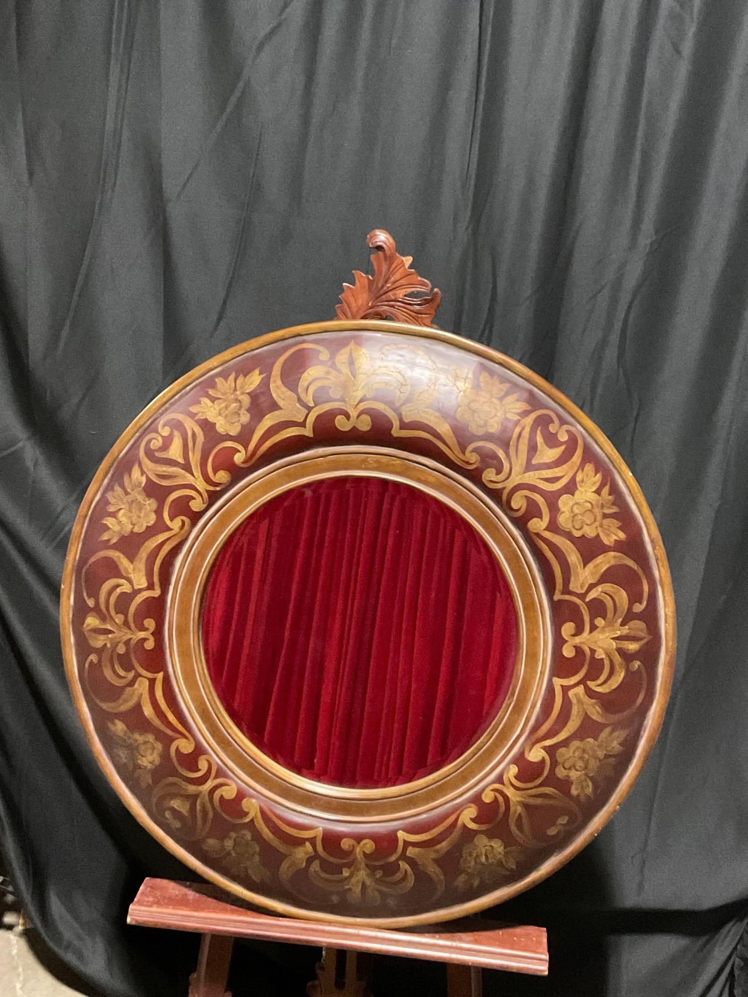 Vintage Circular Mirror with Large Gold/Red Frame by Uttermost: Appears to be in good shape. Frame measures about 34 inches in diameter. See pics. E-2529