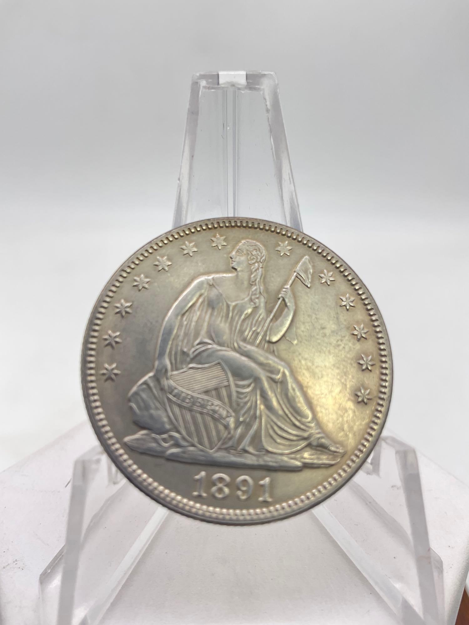 Antique 1891 Silver Seated Half Dollar w/ motto nice coin Au + possible MS (1 of 1)