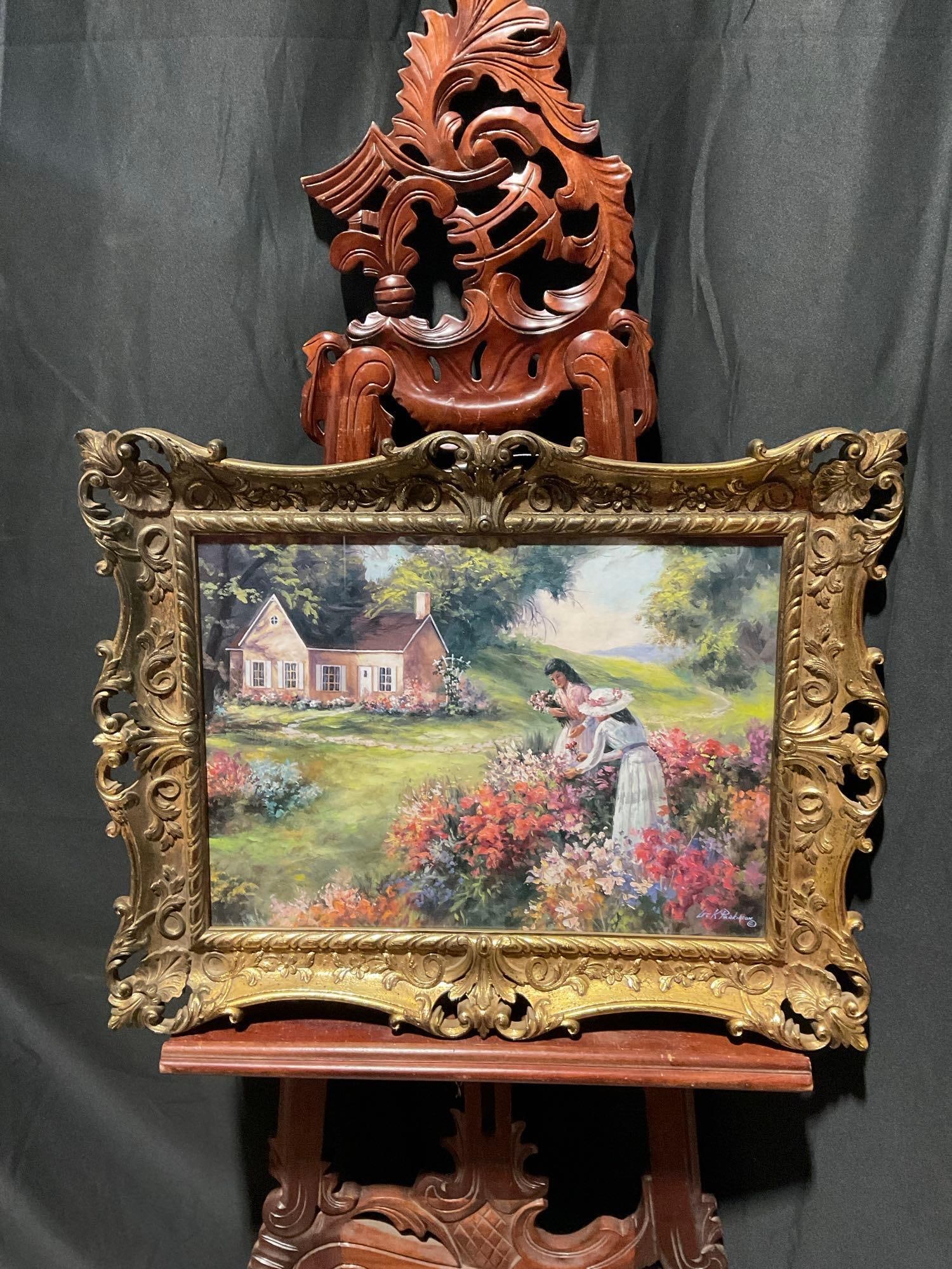 Framed Print of an Oil Painting of Women Gathering Flowers. Signed Lee K Parkinson. See pics. (1 of 1)