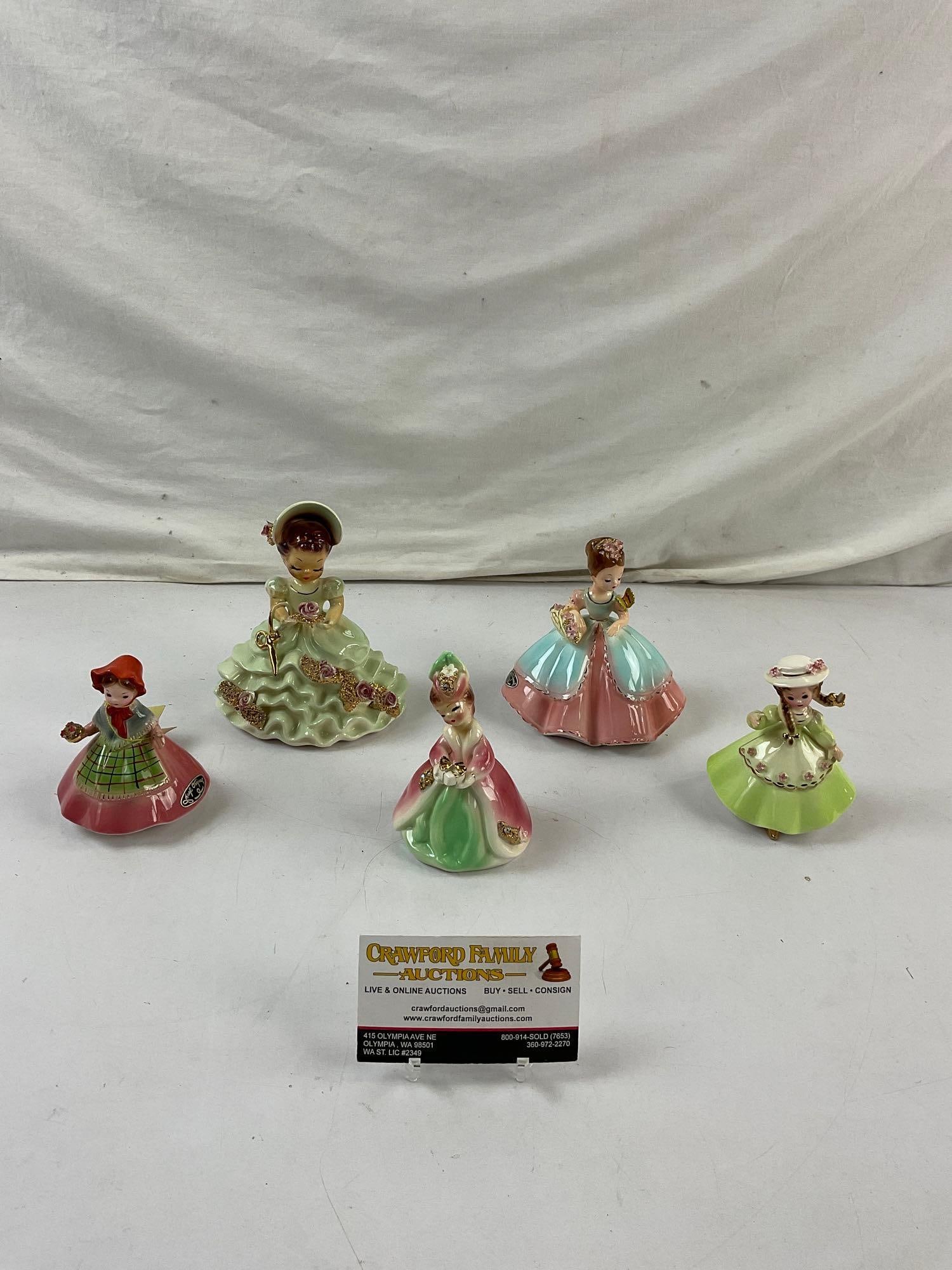 5 pcs Vintage Josef Originals Pink & Green Ceramic Lady Figurine Assortment. Scotland Dress. See (1 of 6)