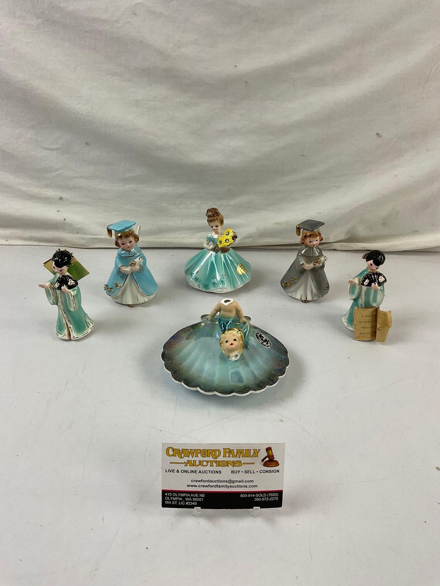 6 pcs Vintage Josef Originals Aquamarine Ceramic Lady Figurine Assortment. March Dress. See pics. (1 of 6)