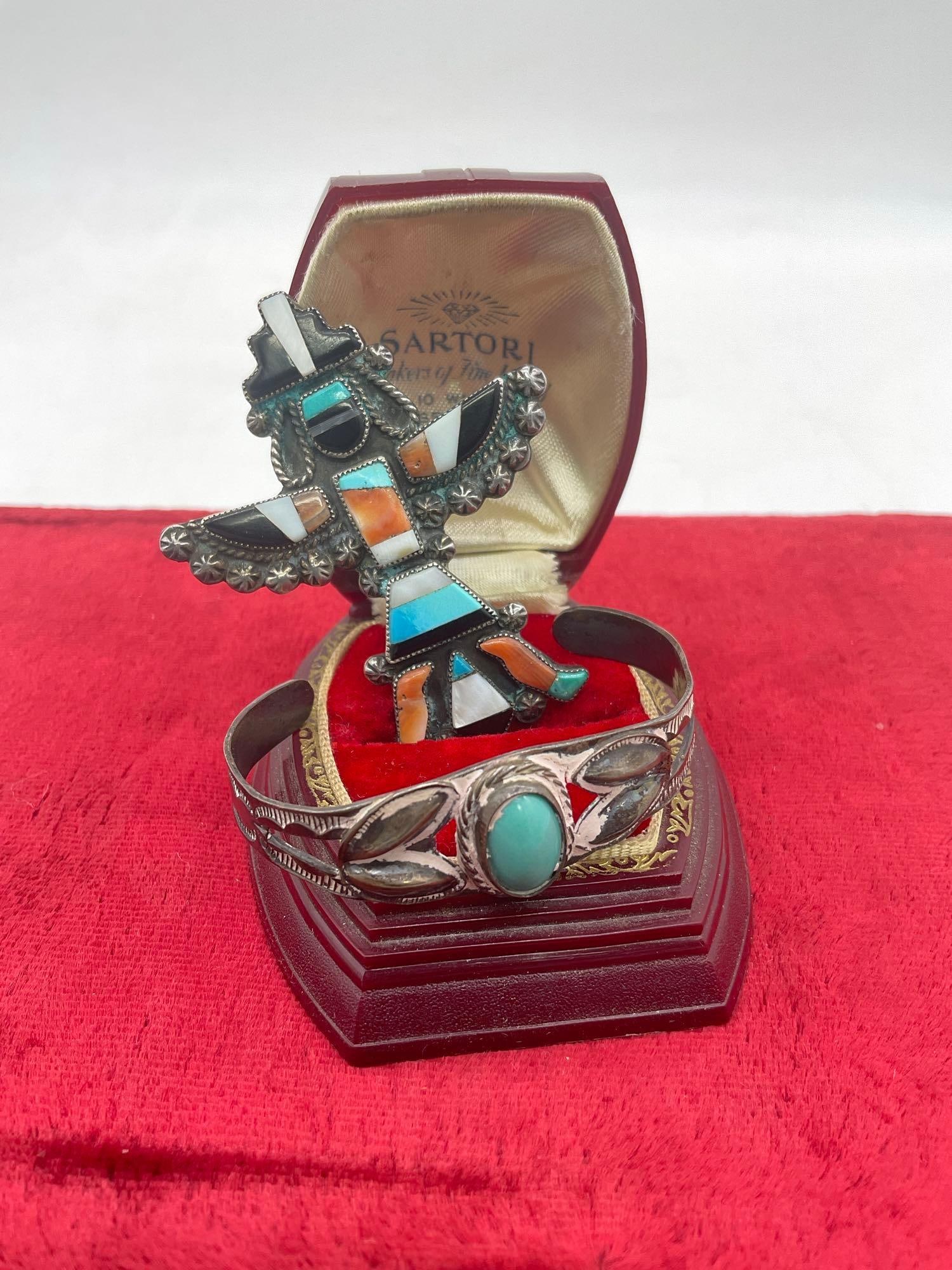 Native American turquoise cabochon bracelet and "H" signed Kachina brooch with coral/jet, etc (1 of 3)