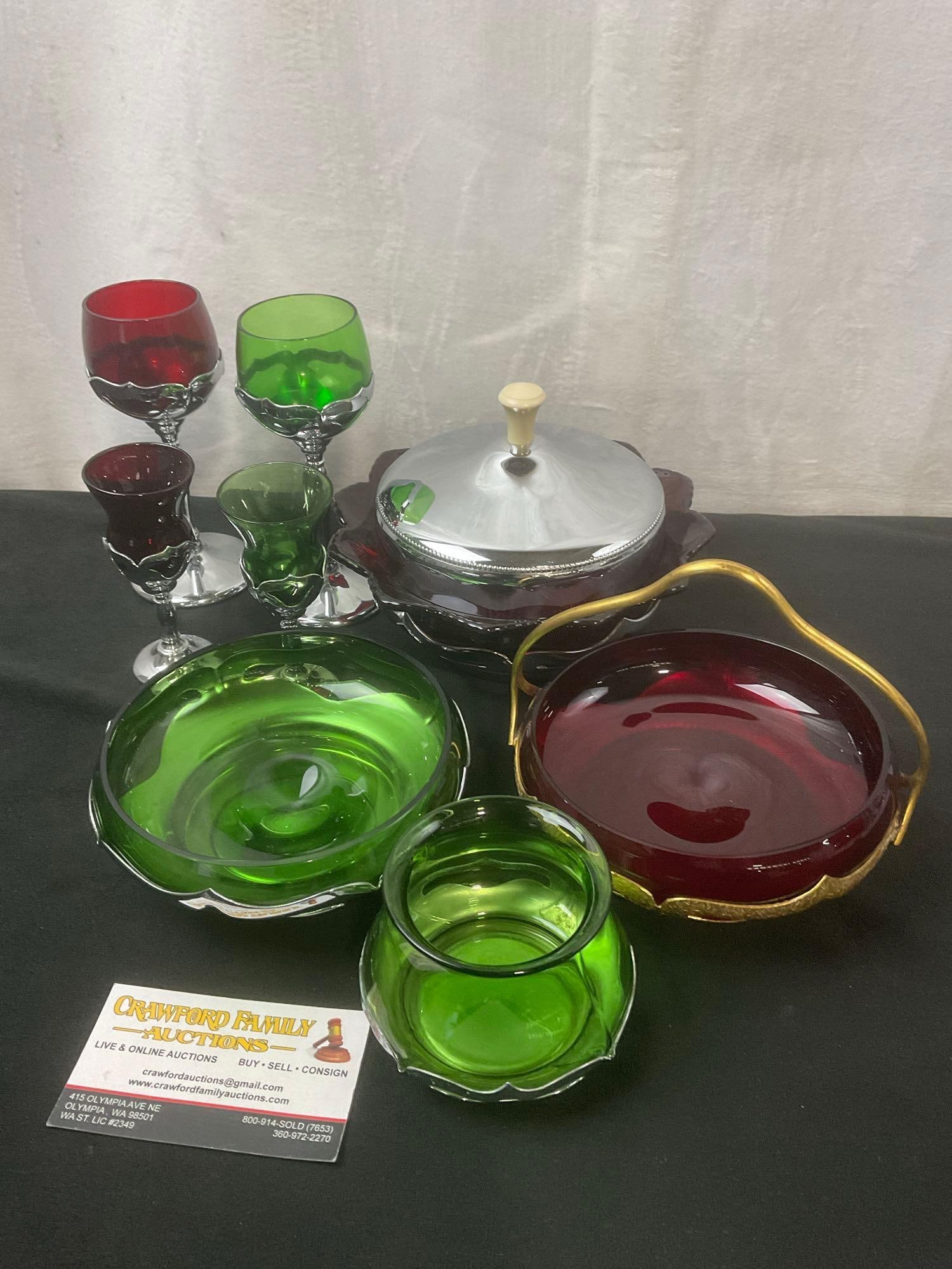 Farber Bros Cambridge Glass, Red/Green Glass Dishes, a few glasses, divided serving bowl w/ lid (1 of 3)