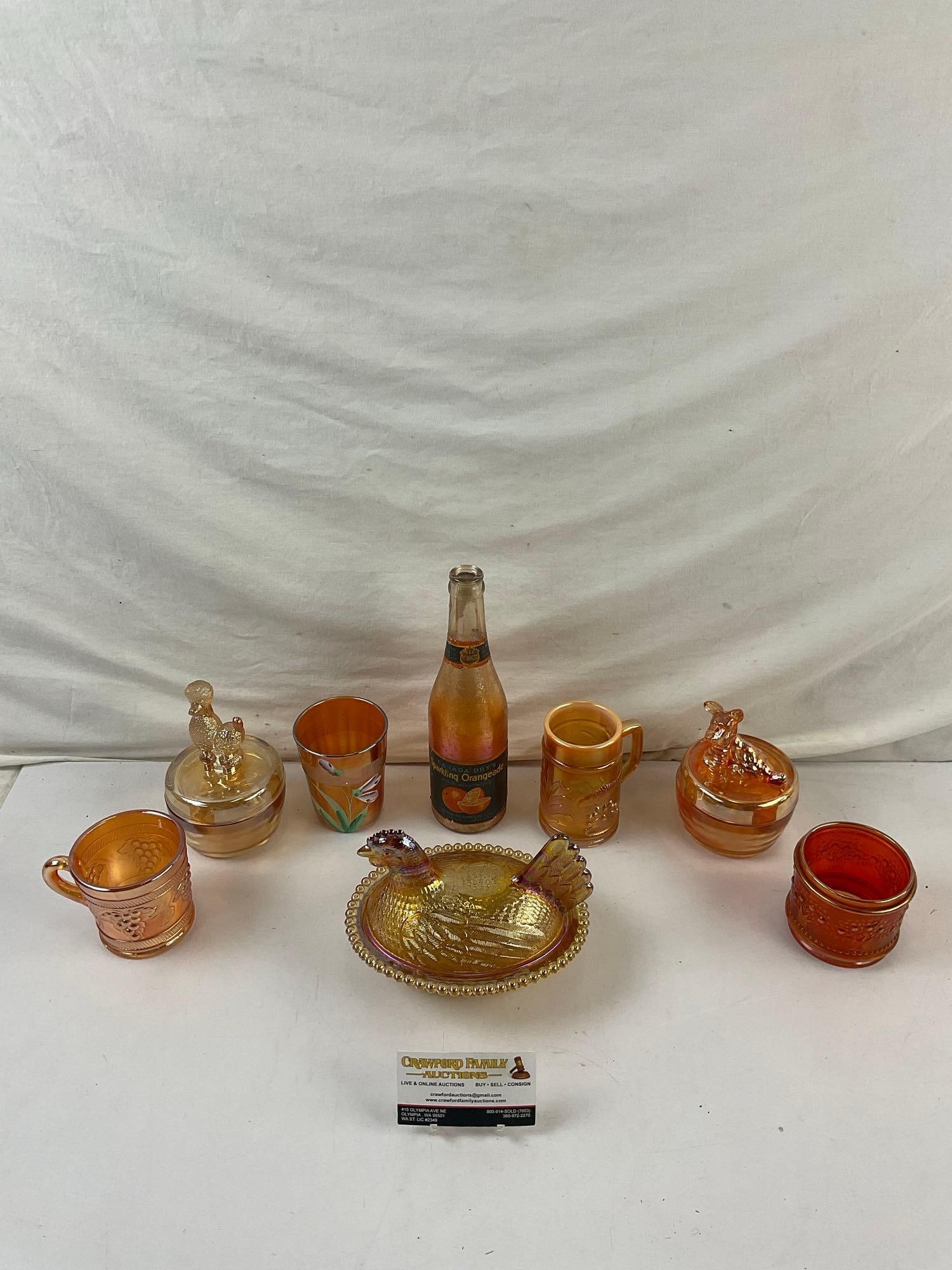 8 pcs Vintage Orange Glassware Assortment. Fenton, Carnival Glass. Chicken Dish. See pics. (1 of 5)