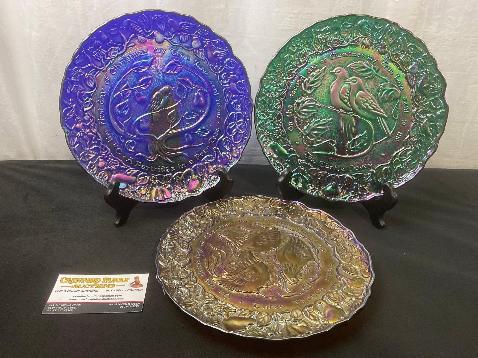 3 Imperial Days of Christmas Carnival Glass Plates, Partridge in a Pear Tree, Days one, two, & Th...: Appears to be in good shape. The plates measures about 8.5 inches wide. See pics. E-2620