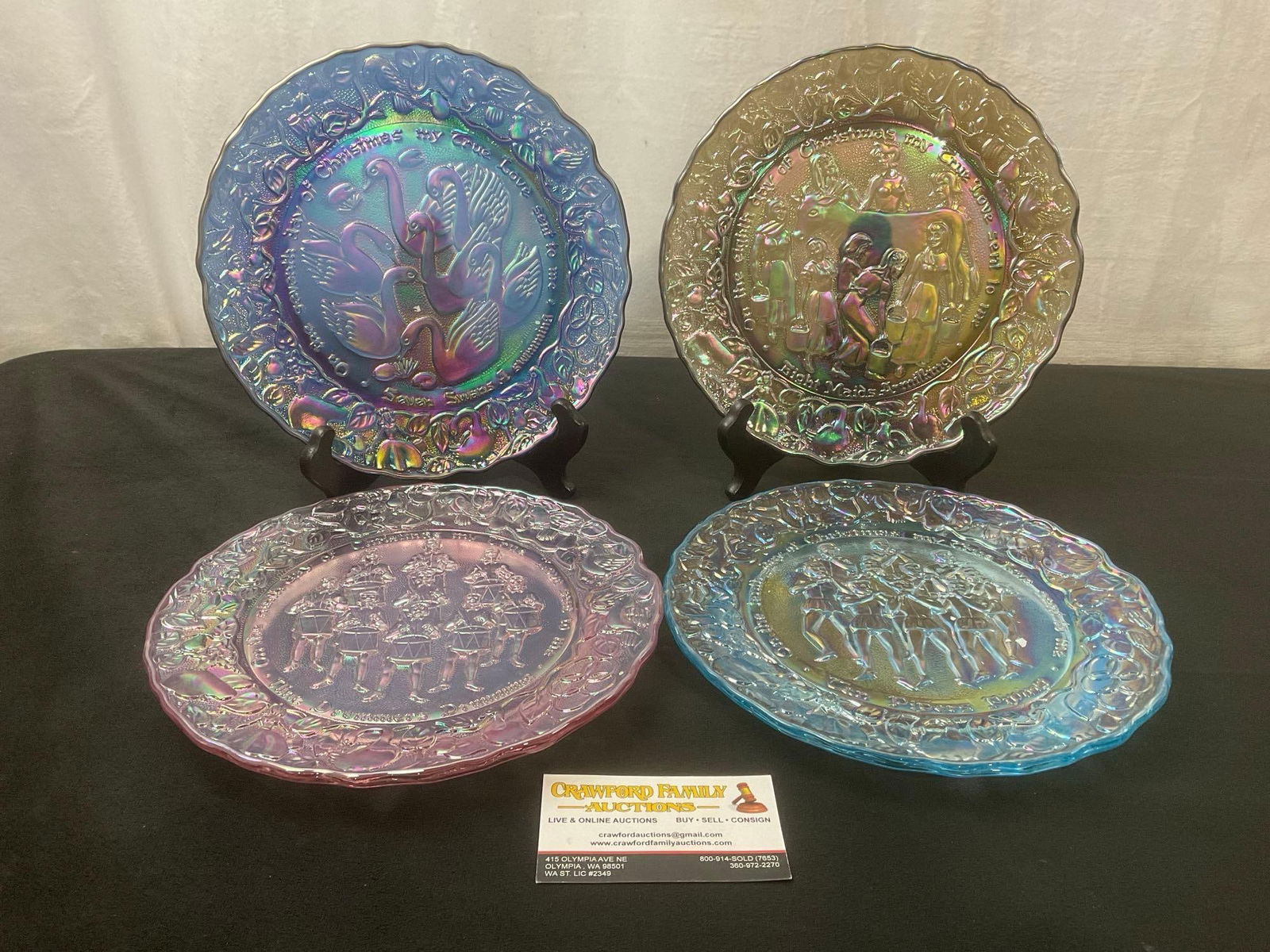 4 Imperial Days of Christmas Carnival Glass Plates, Partridge in a Pear Tree, Seven, Eight, Nine,...: Appears to be in good shape. The largest piece measures about 8.5 inches. See pics. E-2620