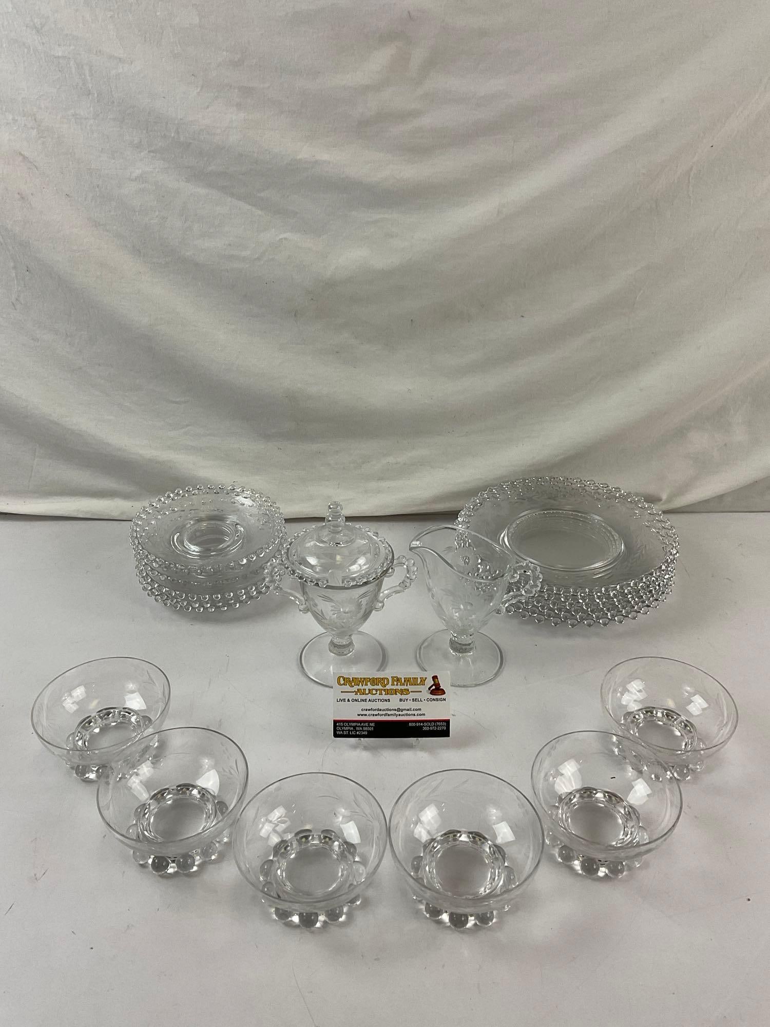 20 pcs Vintage Clear Hobnail Glassware w/ Floral Etching. Service for 6. Cream & Sugar. See pics. (1 of 8)