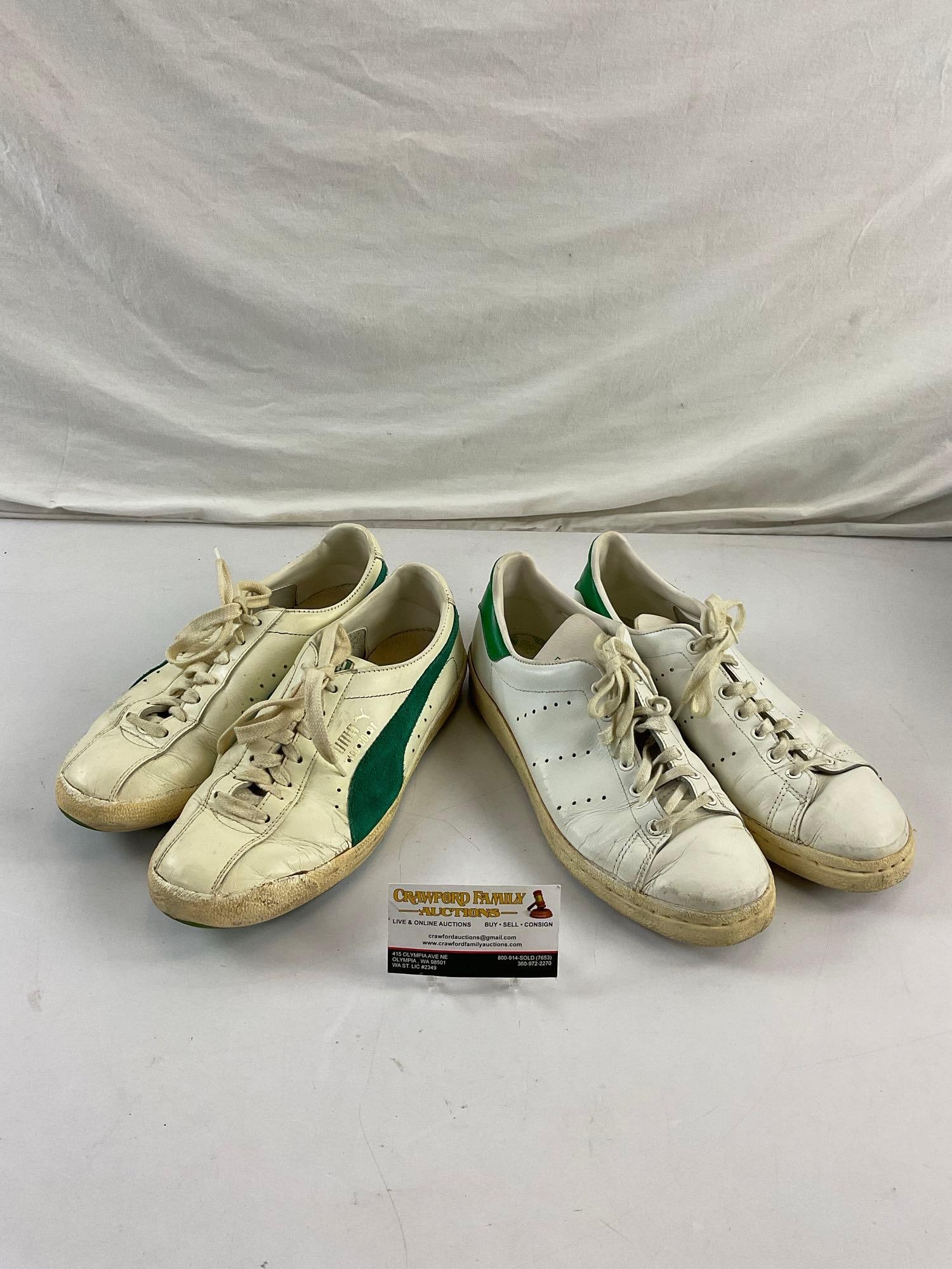 2 Pairs Vintage White and Green Tennis Shoes. Mens's 7.5 and 10. Adidas and Puma. See pics.: 2 Pairs Vintage White and Green Tennis Shoes. Men's 7.5 and 10. Adidas Stan Smith and Puma 91700 Hard Court. Comes with original boxes. Minimal staining and wear. Condition is fair to good. Measures 1