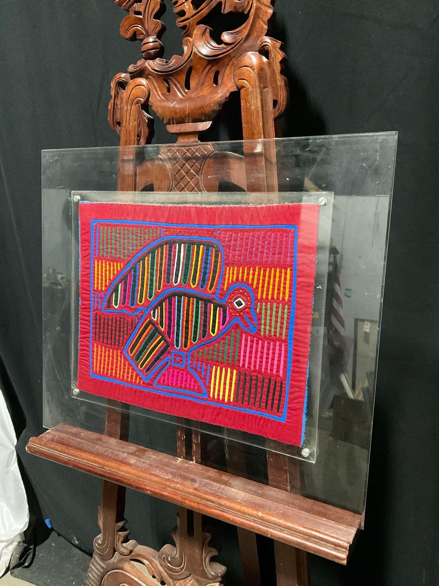 Framed Vintage Panamanian Mola Applique Textile of Rainbow Bird in Clear Acrylic Frame. See pics. (1 of 3)