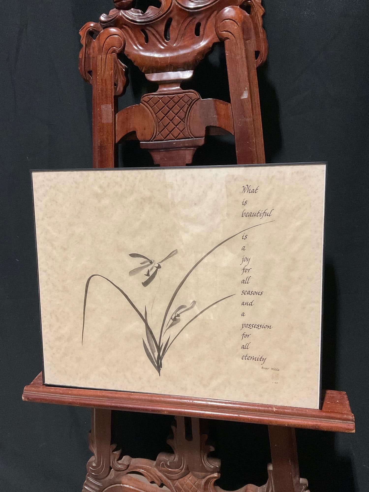 Vintage Framed Original Pen & Ink Drawing of Flowers w/ Oscar Wilde Quote. Signed. See pics. (1 of 4)