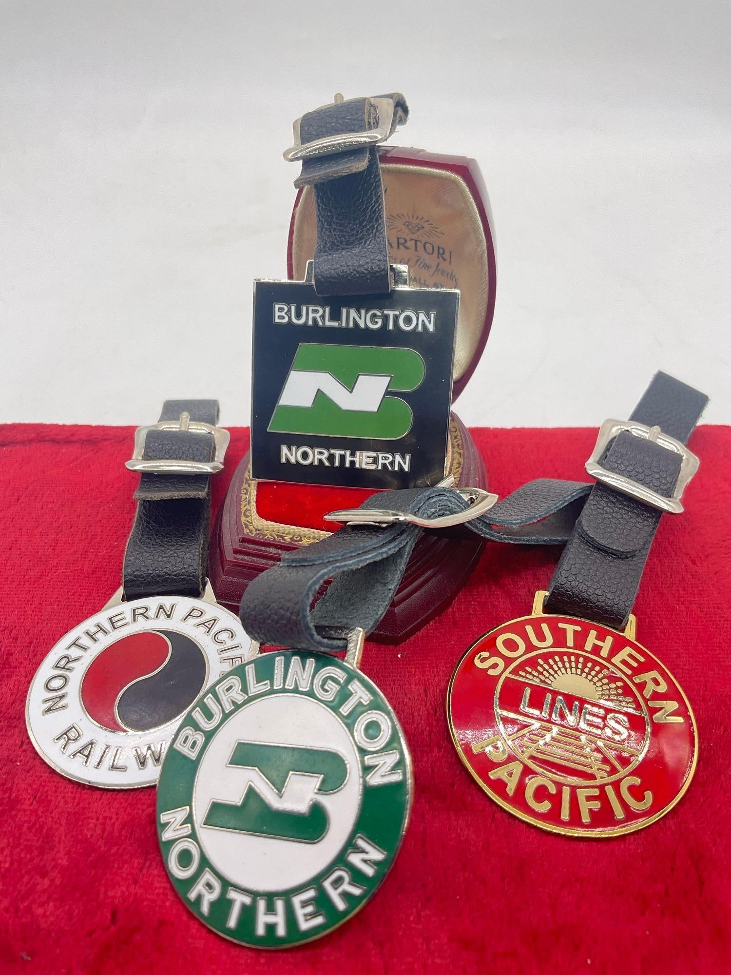 Set of 4 vintage enameled Railroad watch fobs - Burlington N, Southern Pacific, Northern Pacific x2 (1 of 3)