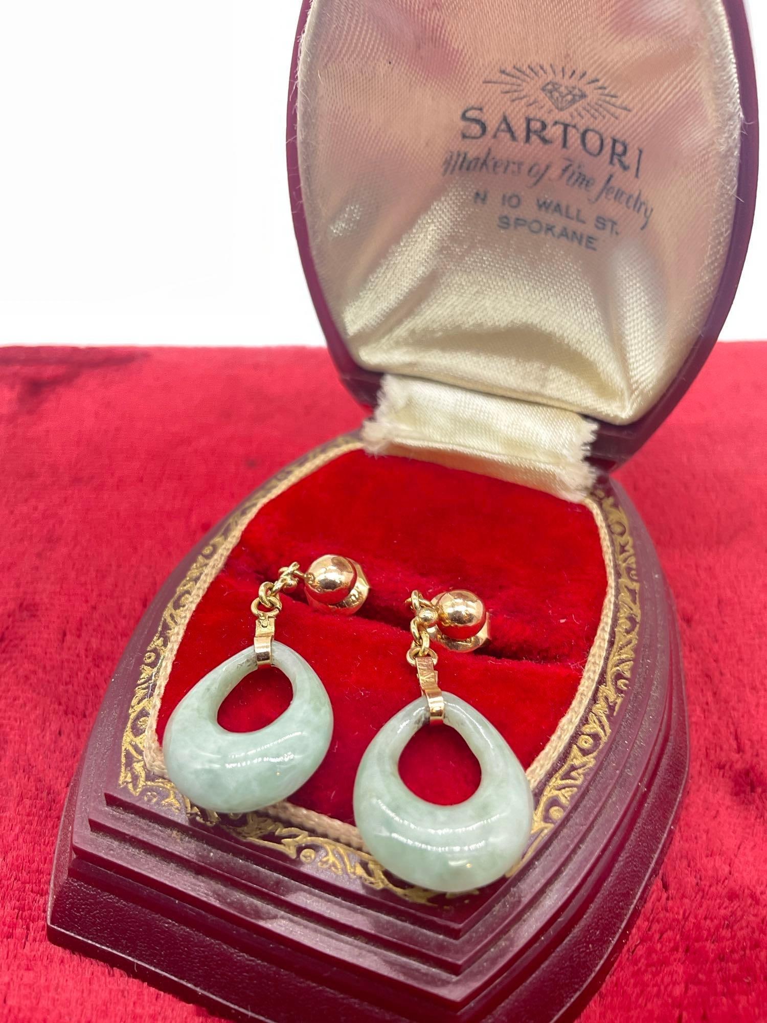 Lovely 14k plumb yellow gold Jade hoop dangle earrings (1 of 4)