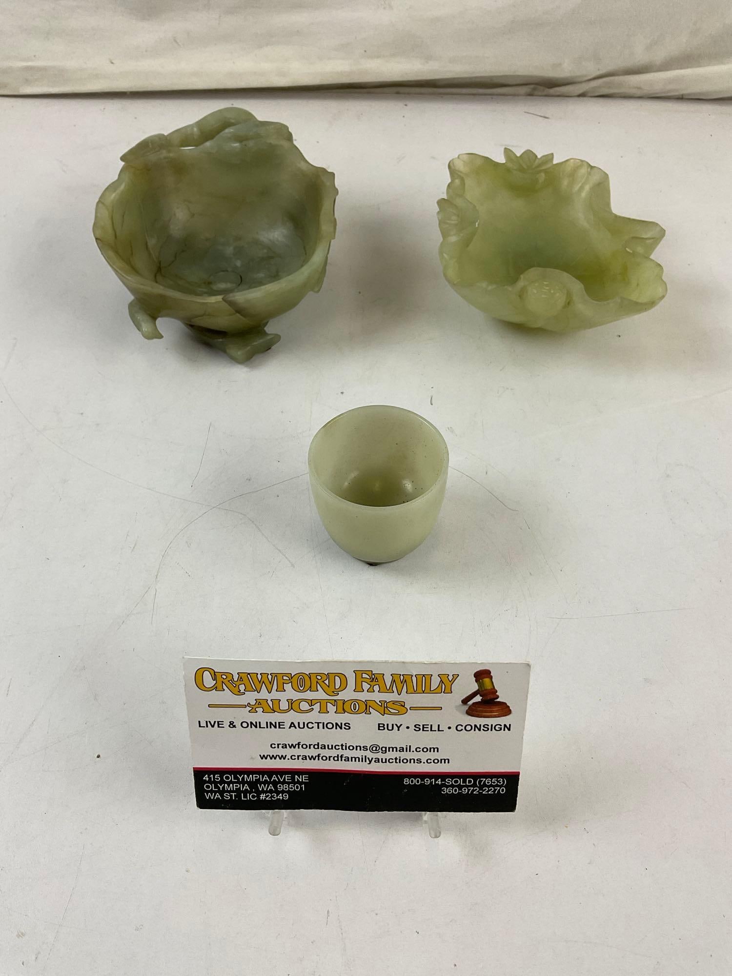 3 pcs Vintage Small Carved Green Stone Jade? Dish Assortment. 1 Cup & 2 Ashtrays. See pics. (1 of 5)