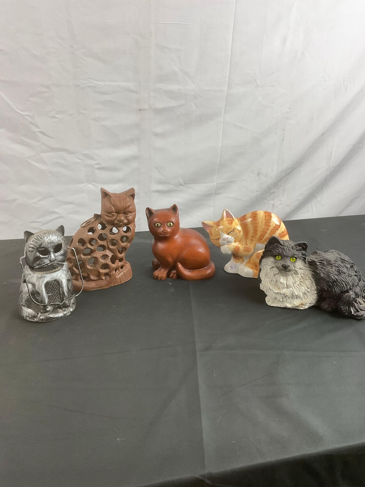 Collection of Vintage Mixed Media Cat Figures - 2 are metal candle holders, Classic Critters 84',: Strata group Cats & Yarn Series. & Brown cat figure. Largest Figure is 8" tall. Good condition across with light wear. See pics. T-2627