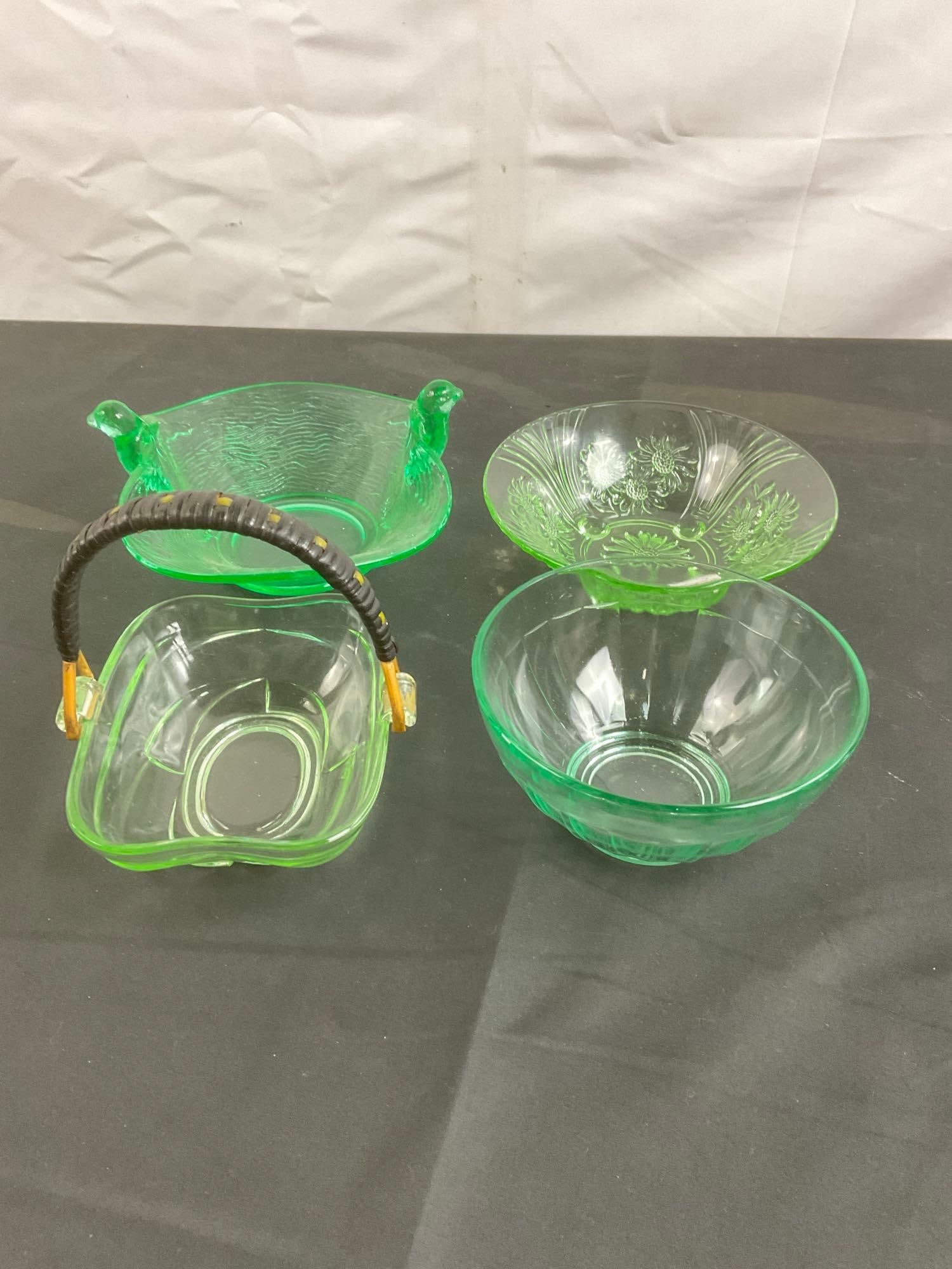 Lot of 4 pc Vintage green depression glass - 1 is Vaseline glass - See pics (1 of 4)