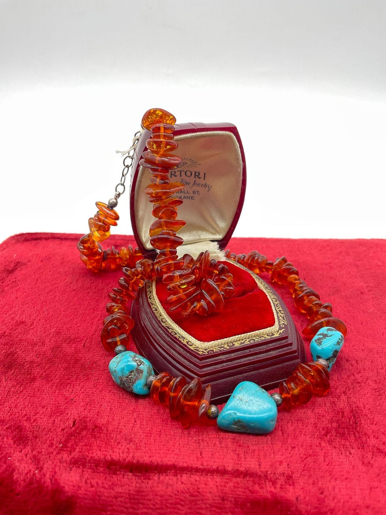 Sterling silver amber and turquoise choker necklace with new tag still attached (1 of 4)