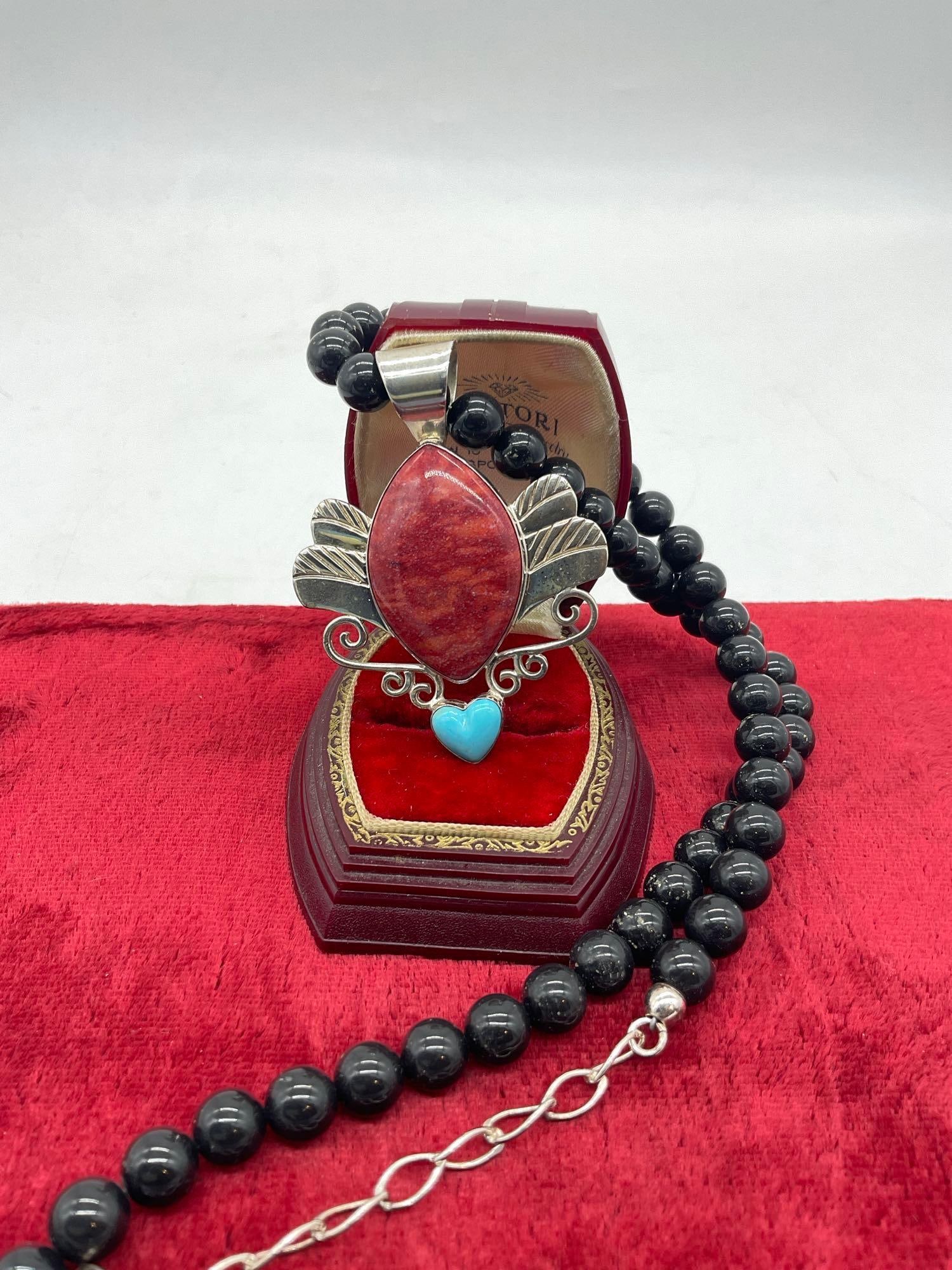 Native American style .925 sterling turquoise heart & stone pedant w/ beaded sterling necklace (1 of 4)