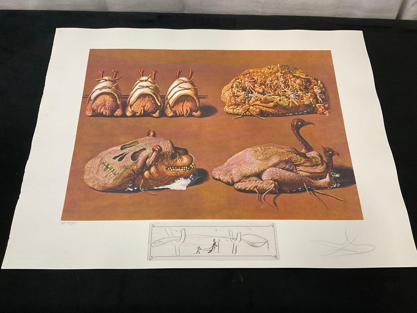 Very Rare 24/50 Lithograph Artists Proof of Les Caprices Pinces Princiers by Salvador Dali: Part of a 12 piece print and special book set! Signed , #'d out of 24/50 w/ remarks by Salvador Dali. Titled "Les Diners de Gala" lots are 108 though 120, entire set is very rare and valued at 8,000 t