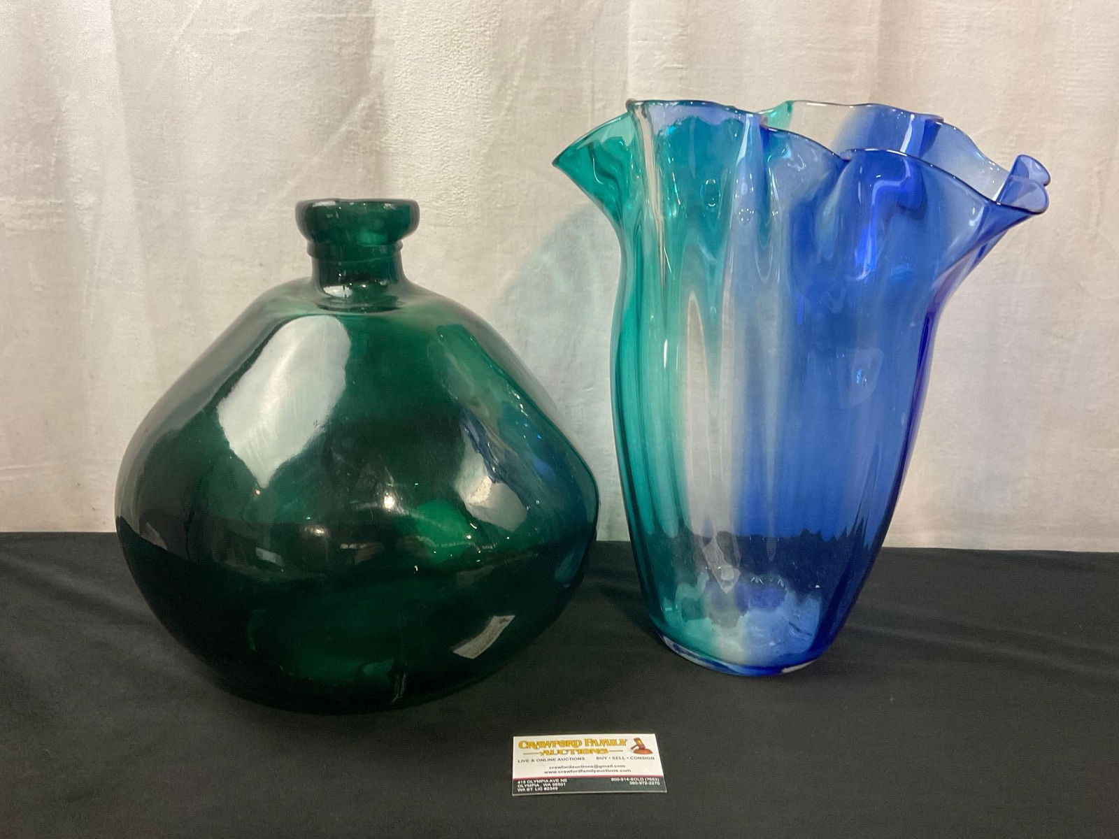 Large Handblown Recycled Round Vase Dark Green & Blue/Clear/Teal Large Vase w/ Frilled Edge (1 of 7)
