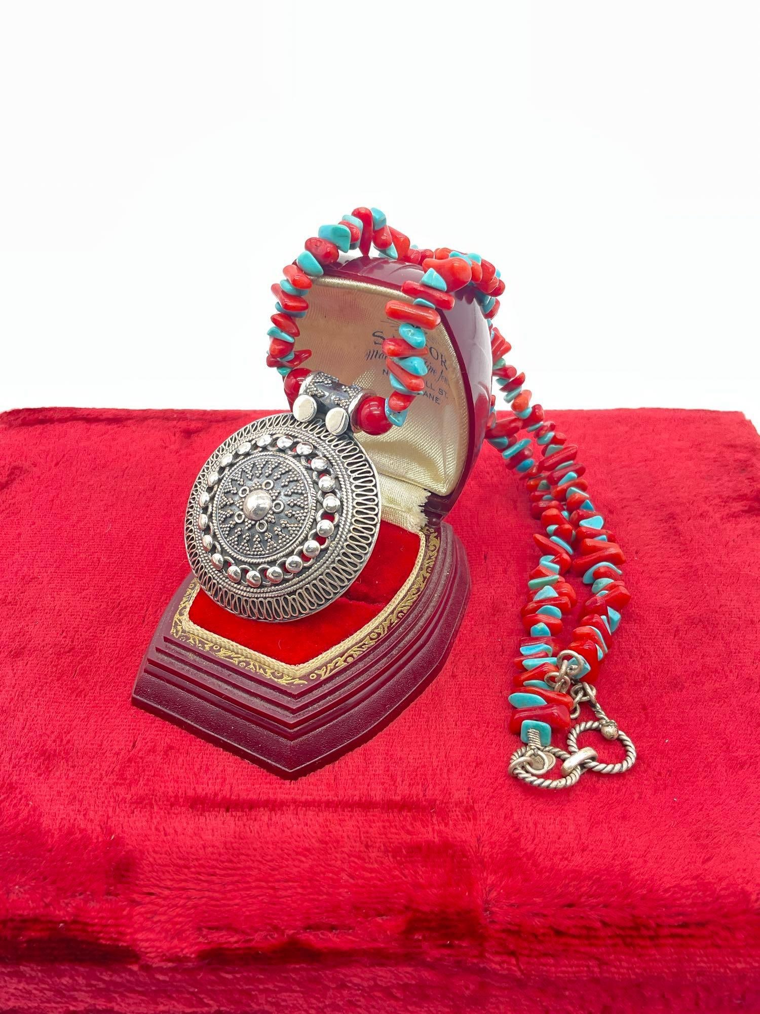 Sterling silver turquoise and coral bead necklace with large ornate sterling pendant (1 of 3)