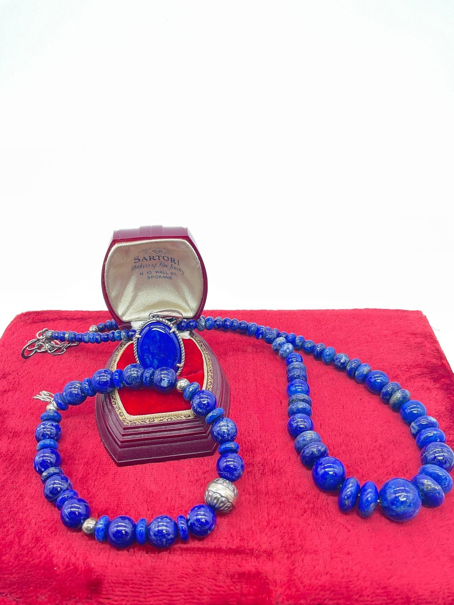 Brand new never worn sterling silver and polished Lapis neckalce, bracelet and pendant set (1 of 5)