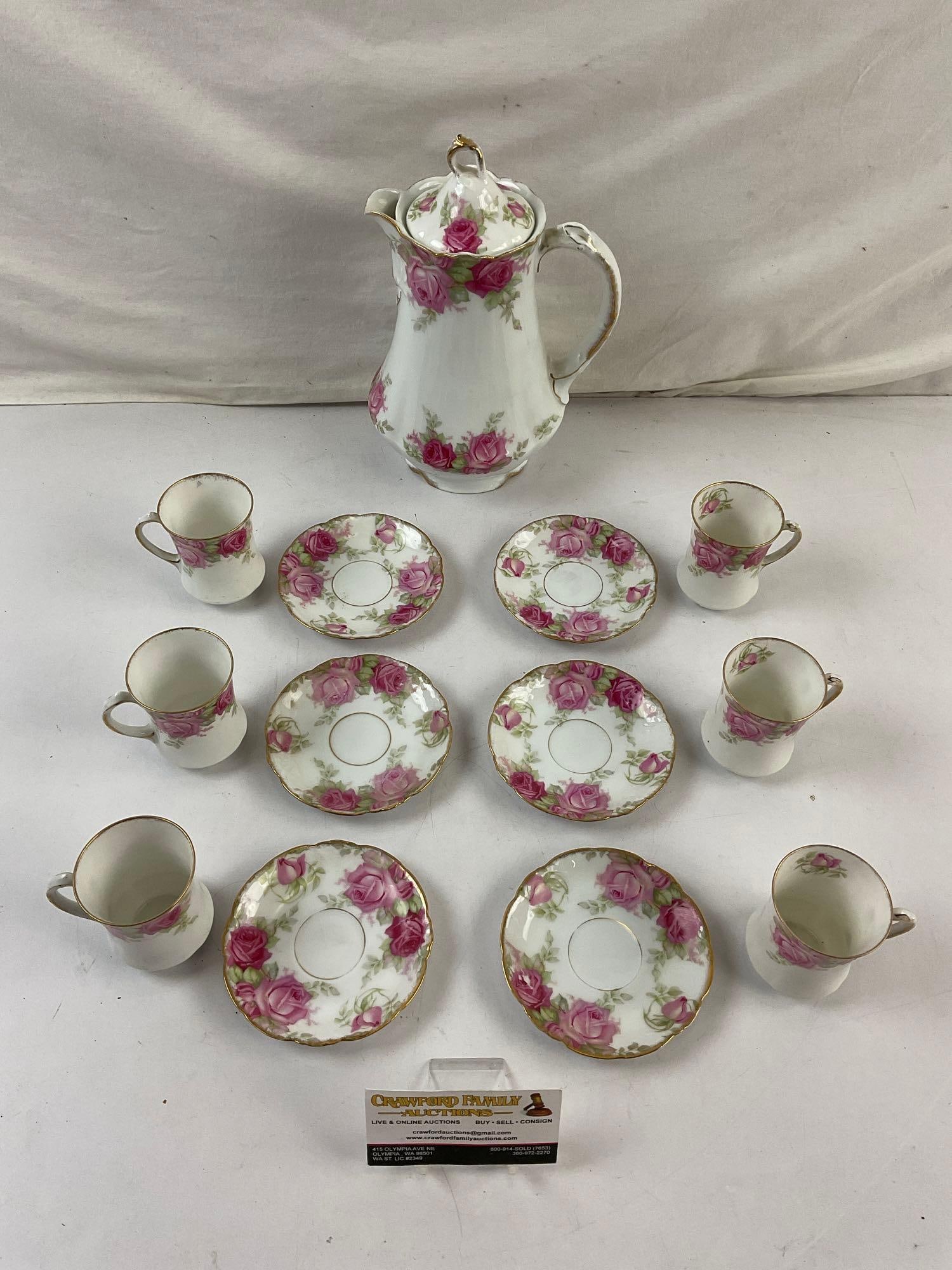 13 pcs Vintage Thut MR "Louvre" Bavaria White Porcelain Tea Set w/ Pink Rose Design. See pics. (1 of 6)