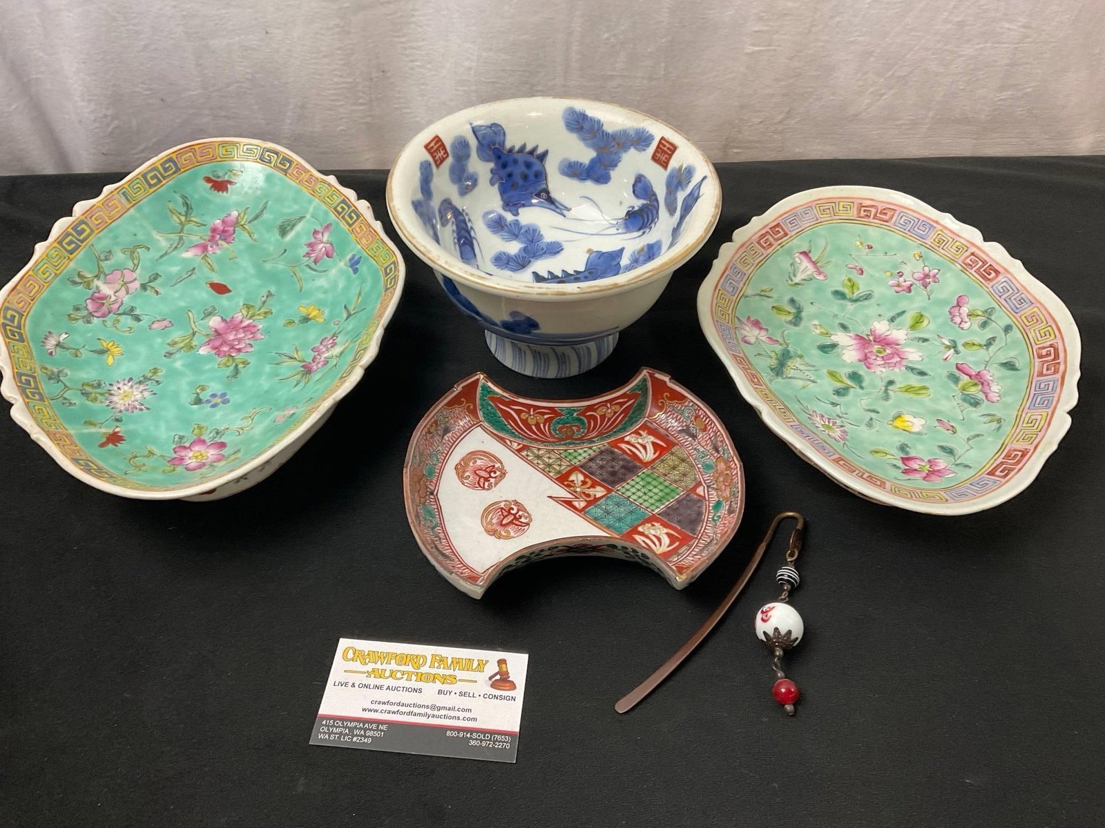 4 Asian Porcelain Pieces, Antique Celadon Glaze, Japanese Imari Bowl & Plate: Appears to be in good shape. The largest piece measures about 12 x 8 inches. See pics. E-2619