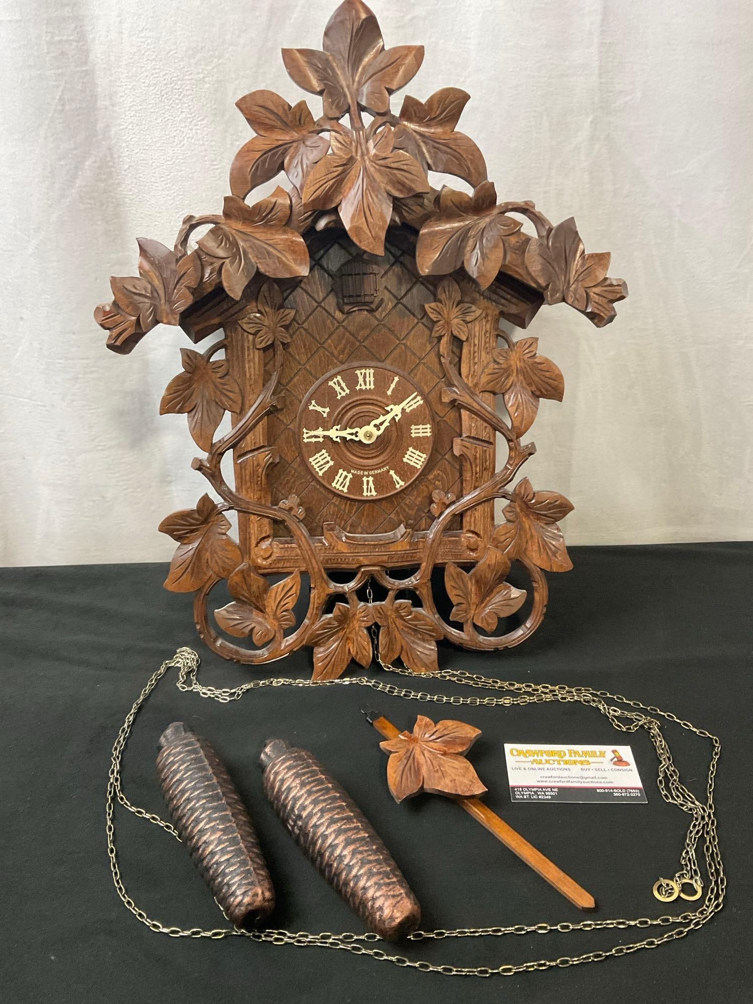 Black Forest Musical Carved Cuckoo Clock, w/ 2 Pinecone Weights (1 of 5)