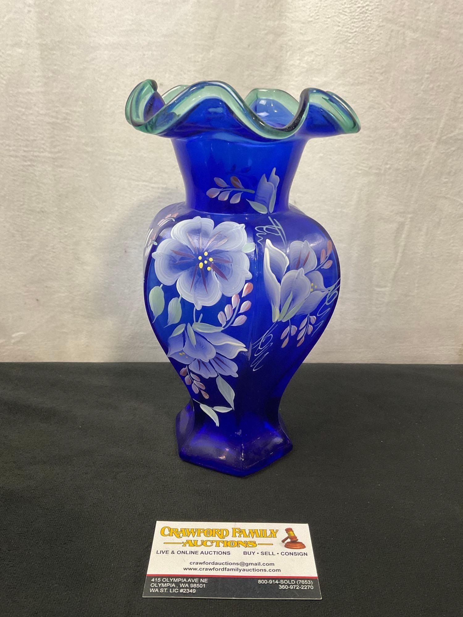 Vintage 75th Anniversary Fenton Vase, Cobalt, handpainted by ML Verbosky (1 of 5)