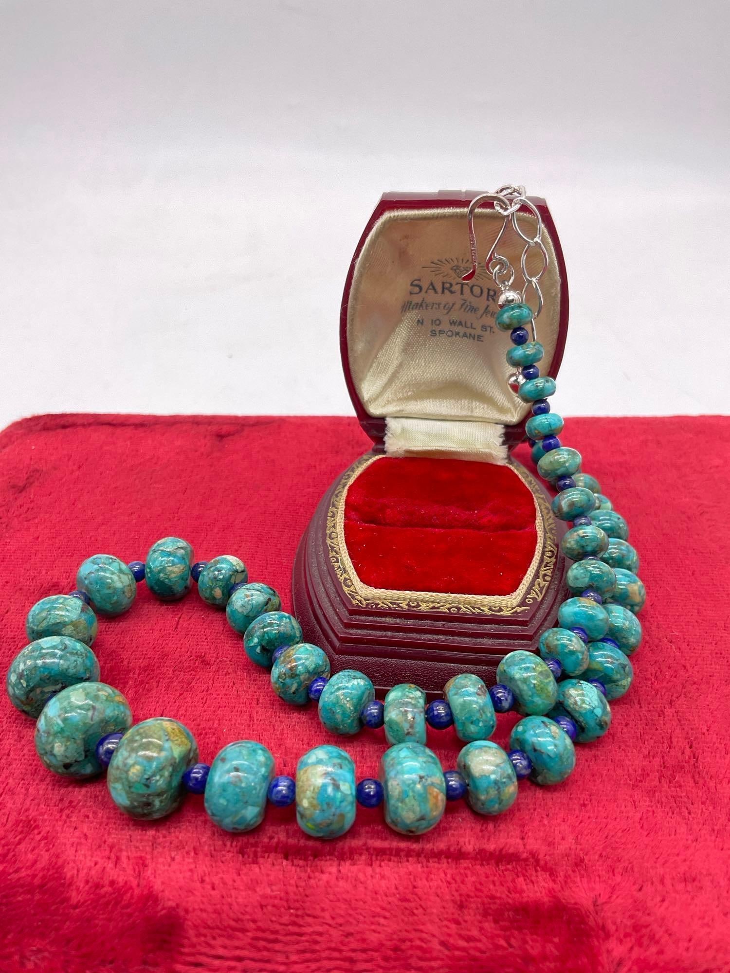 Lovely sterling silver turquoise or mixed stone (?) and lapis bead necklace - real stone! (1 of 5)