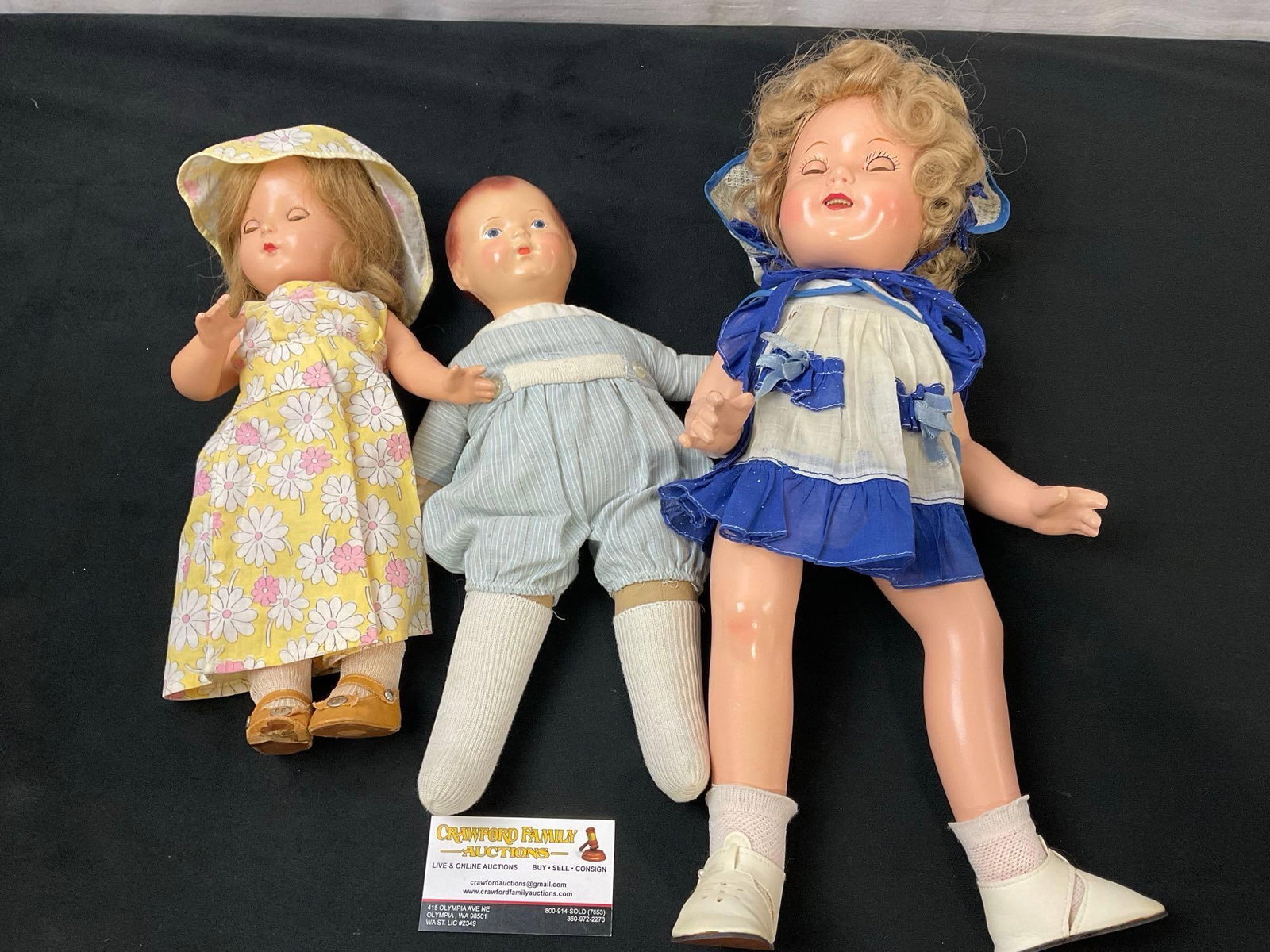 Set of 3 Vintage Dolls, Effanbee Patsy Doll, Madame Hendren: The third doll seems to be a Shirley Temple, unable an exact match to find it online. Appears to be in good shape. The tallest doll measures about 18 inches tall. See pics. E-2617