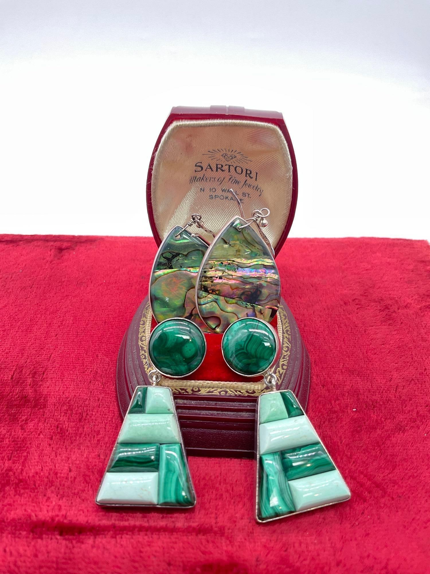 2x pairs of sterling silver earrings - malachite & stone earrings w/ rose quartz & mother of pearl (1 of 3)