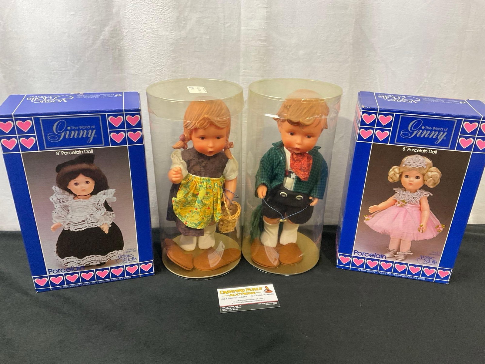 Set of vintage dolls, Pair of Hummel Vinyl Dolls & Pair of Ginny 8in Porcelain Dolls: Comes in the original packaging. Appears to be in good shape. The tallest doll measures approx 11 inches. See pics. E-2617