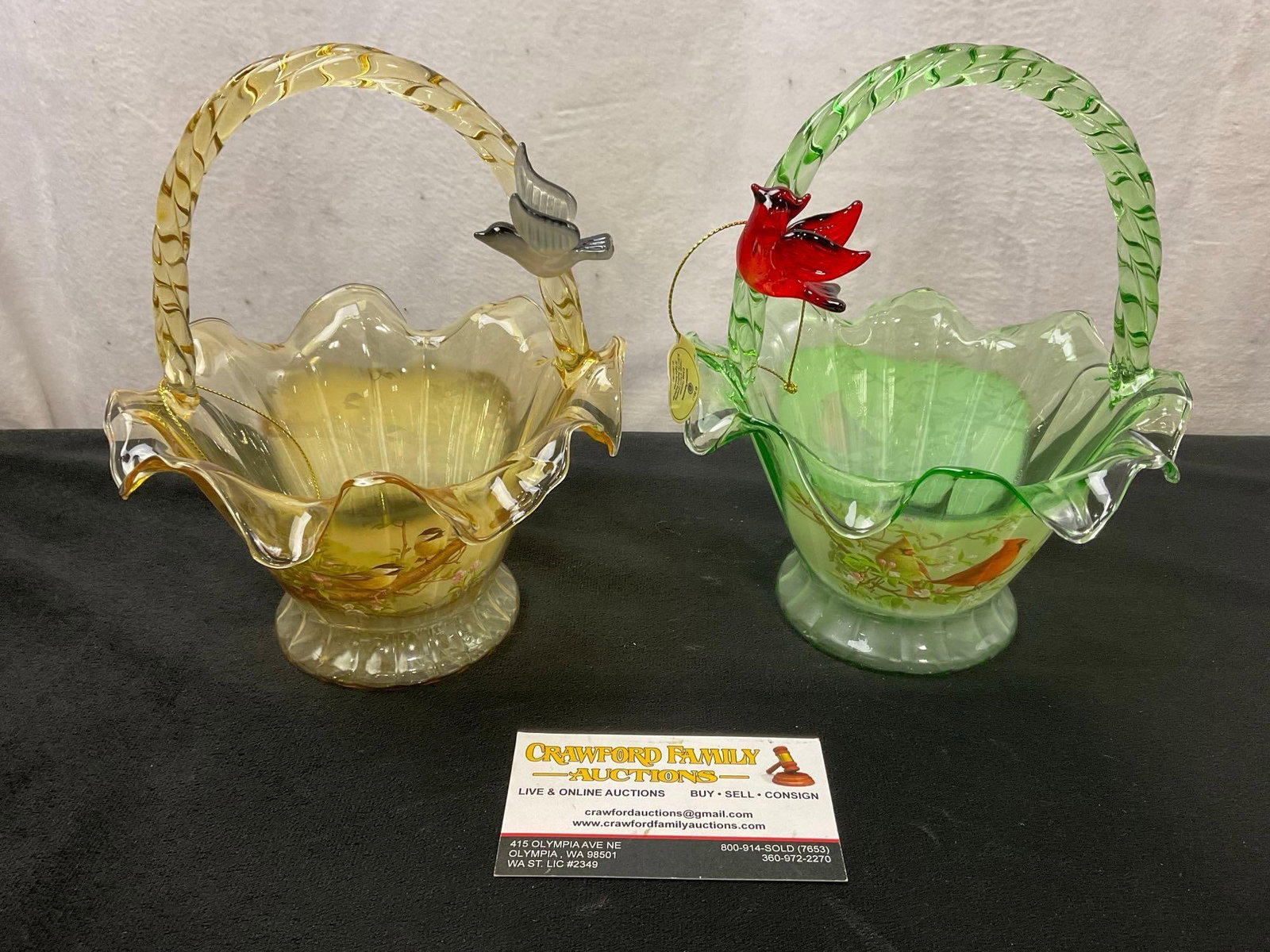 Pair of Bradford Exchange Handblown Art Glass Baskets titled Cardinal Serenade & Chickadee Chorus: Appears to be in good shape. They each measure about 8 inches tall. See pics. E-2643