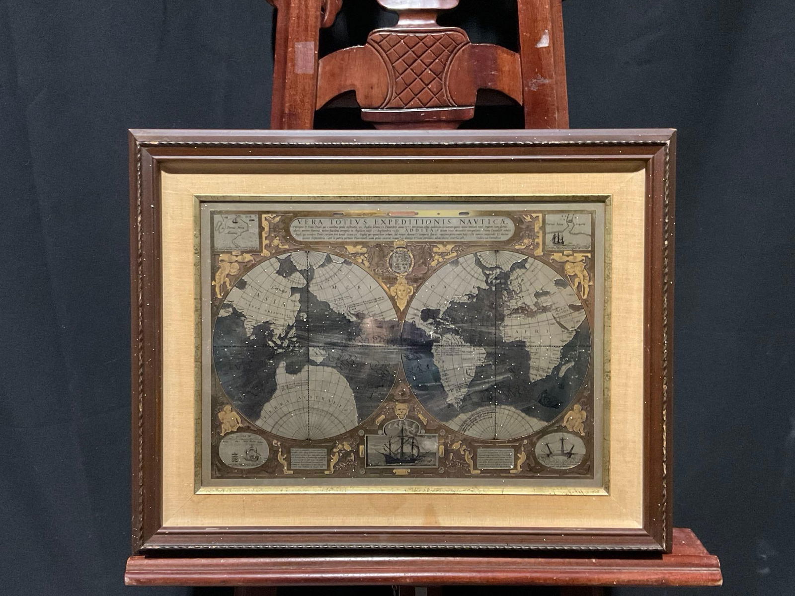 1984 Sir Francis Drake World Map Etched in Fine Silver on Burnished Copper, inlaid 24k Gold w/COA: This vintage piece has a COA on the back. Appears to be in good shape, though the backing is peeling away from the frame, needs some new adhesive. The outside dimensions measure about 17h x 22w inches