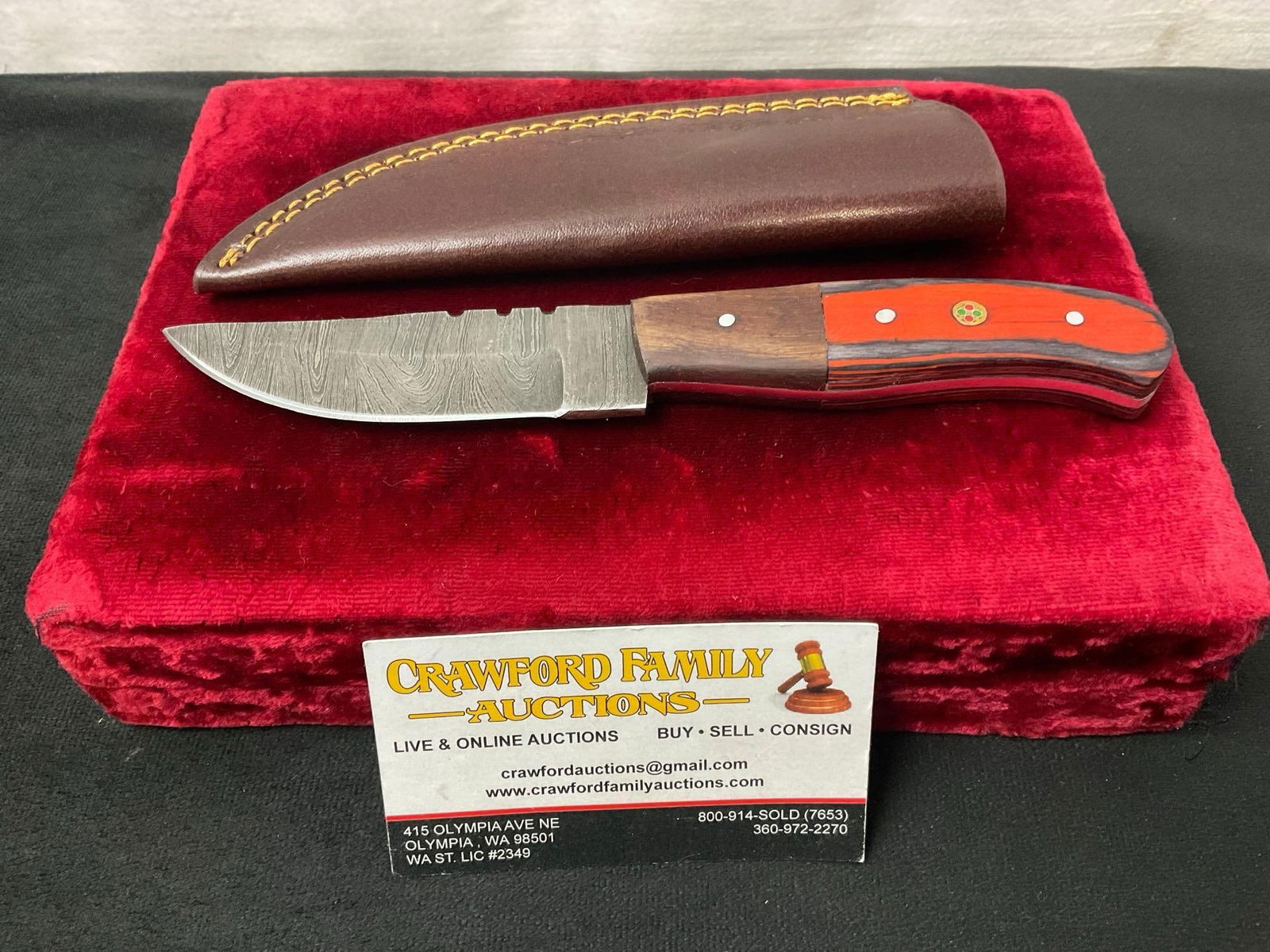 Handmade Damascus Steel Knife with Two Tone, Dark Brown & Orange Tinted Wooden Handle (1 of 4)