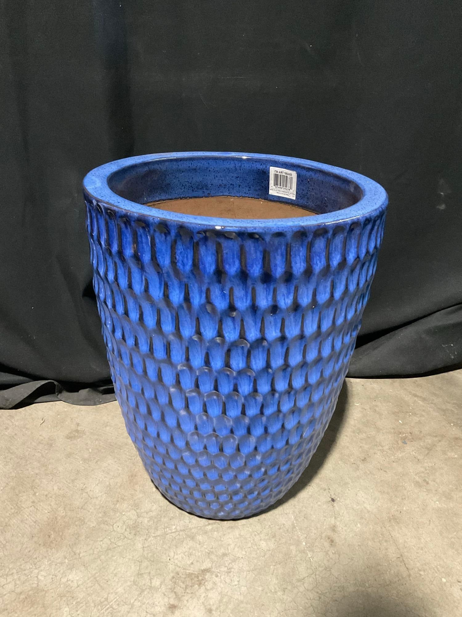 Large Ceramic Planter, Blue w/ Wave Texture, 21 inches tall (1 of 5)