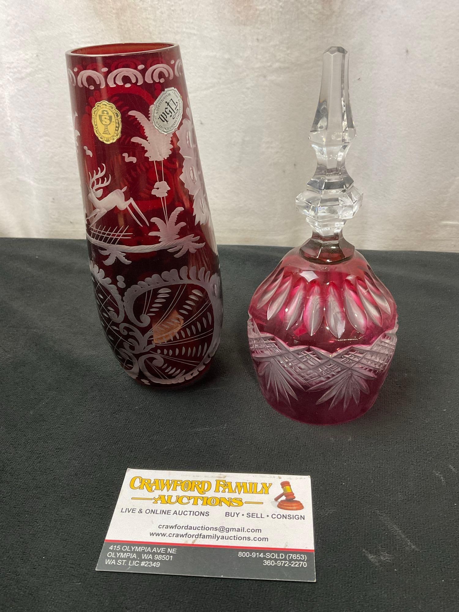 Pair of Handcut Czech Crystal, Vase and Bell, Red Hand Blown Crystal (1 of 4)