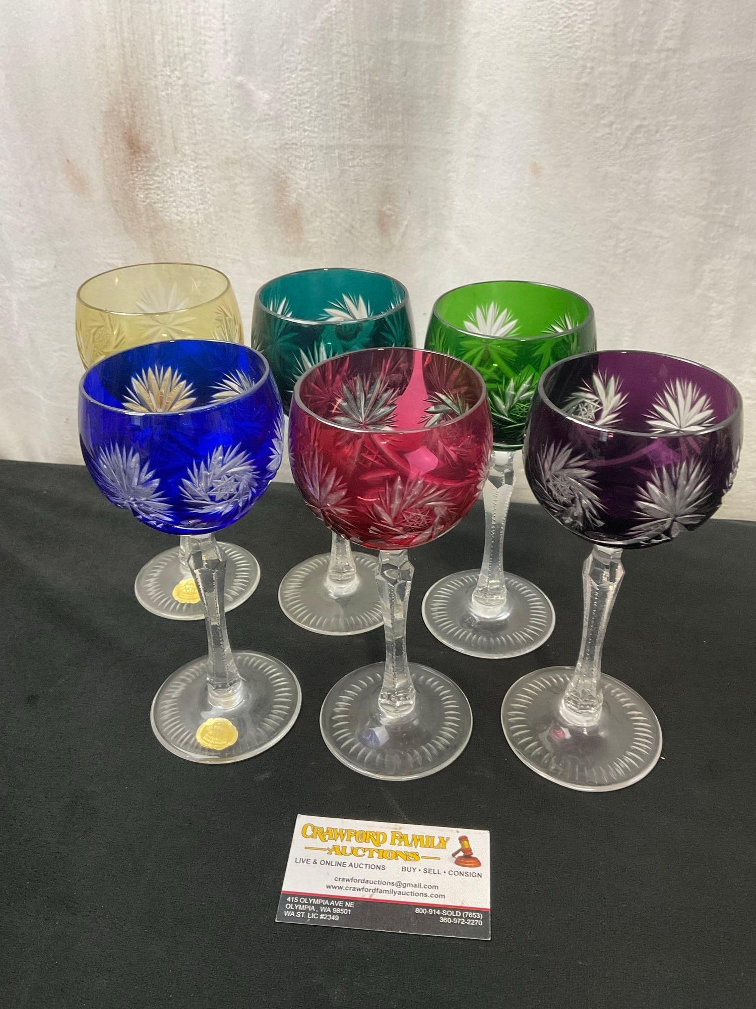 Selection of 6 Multi-Colored Bohemian Goblets, 8 inches tall (1 of 3)