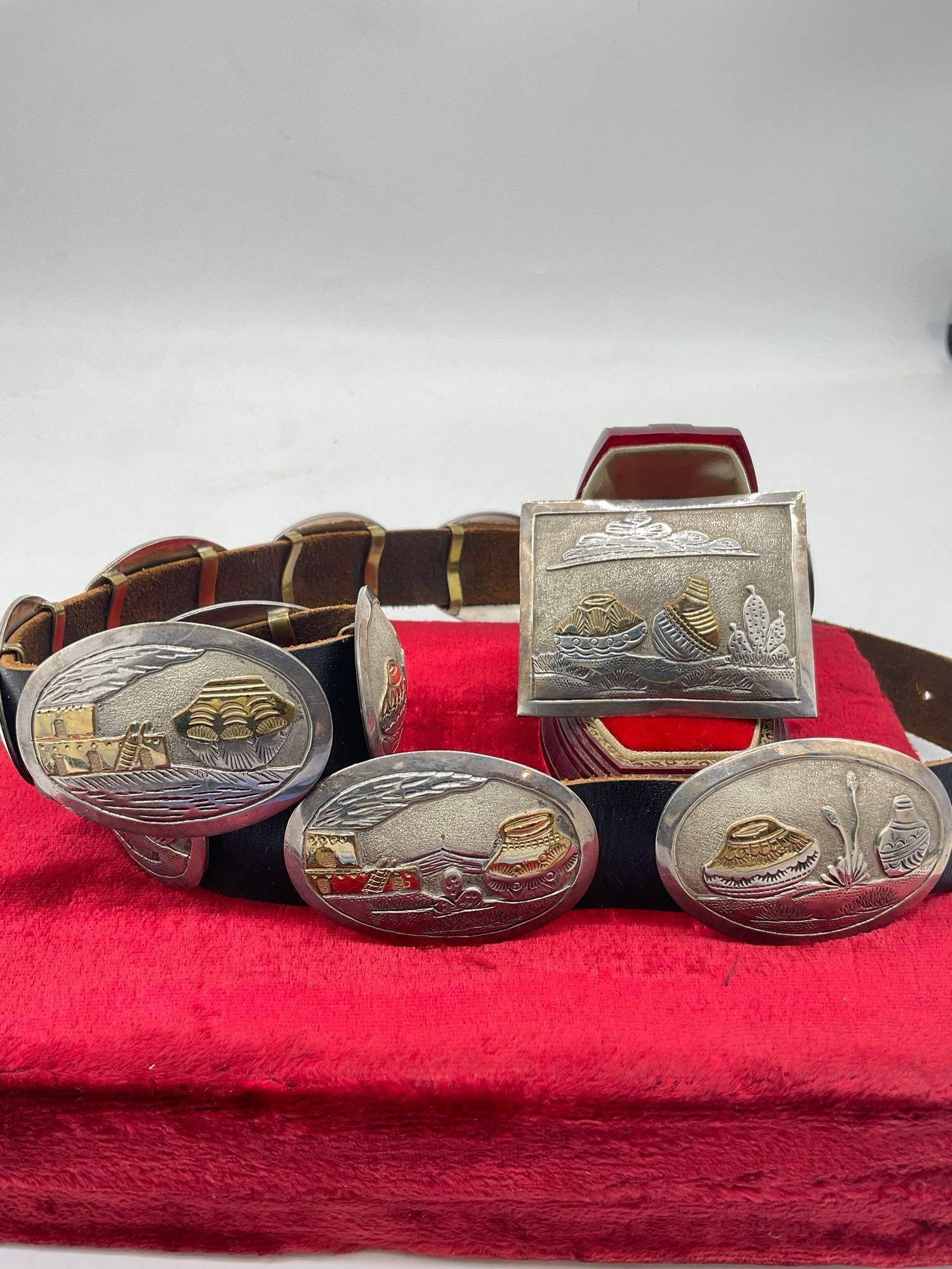 Stunning Sterling silver w/ 14k gold overlay concho belt featuring Cactus & Pueblo Vases Signed (1 of 6)