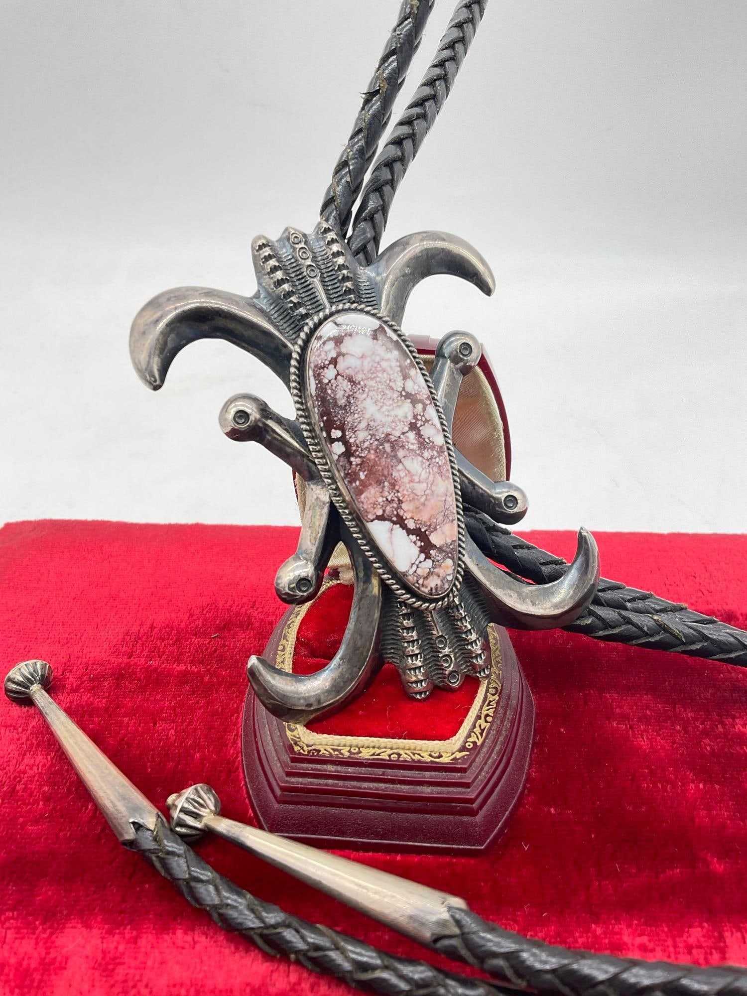 Stunning Sterling sand-cast Bolo w/ oval polished Wild Horse Magnesite stone signed Wilson Begay: Rare & Beautiful piece at approx 100 grams , " 3.5 x 2 3/4 " signed by famous Navajo silversmith Wilson Begay Jc-414