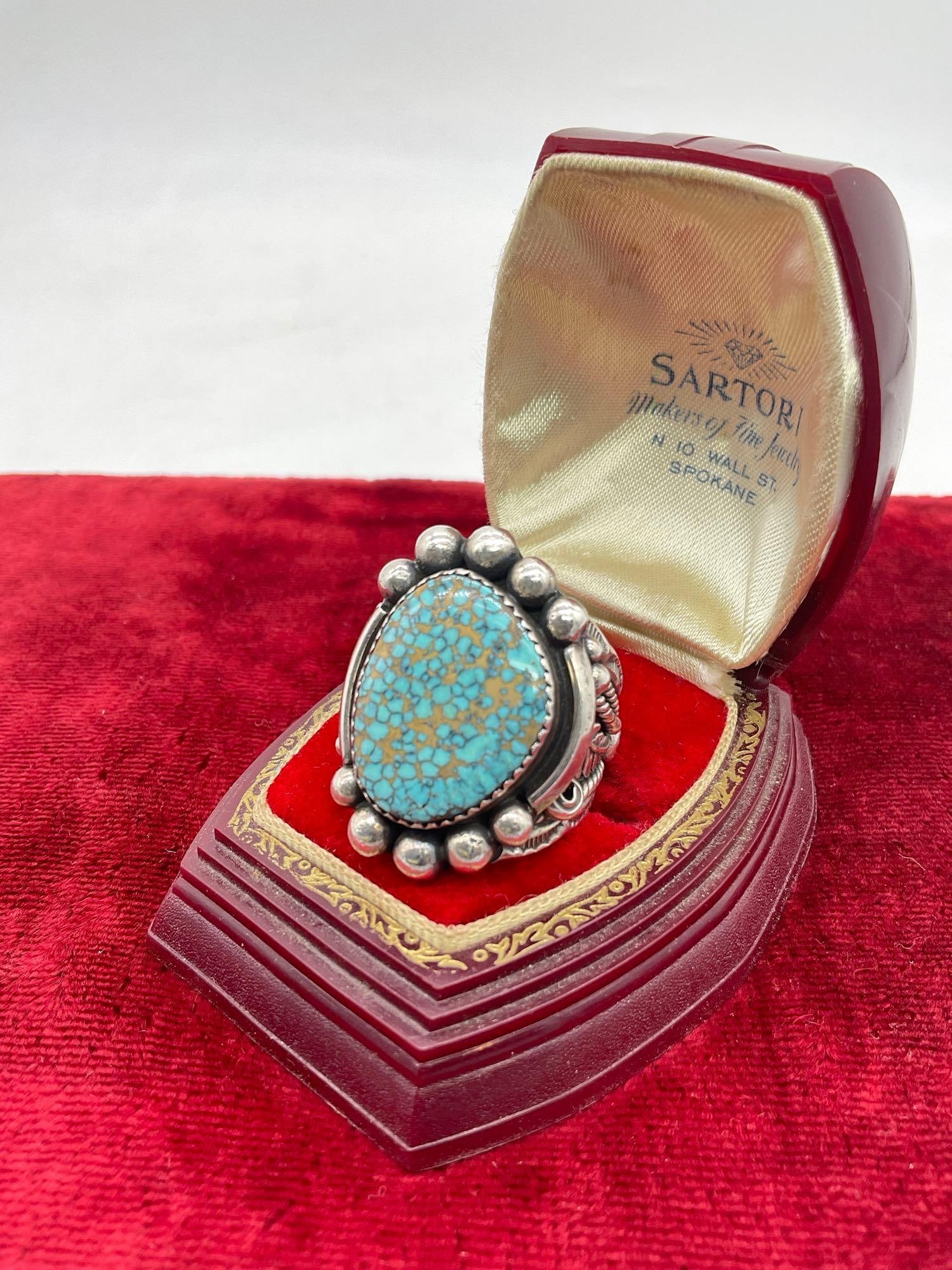 Native American sterling silver men's ring w/ turquoise setting & ball and feather design (1 of 5)