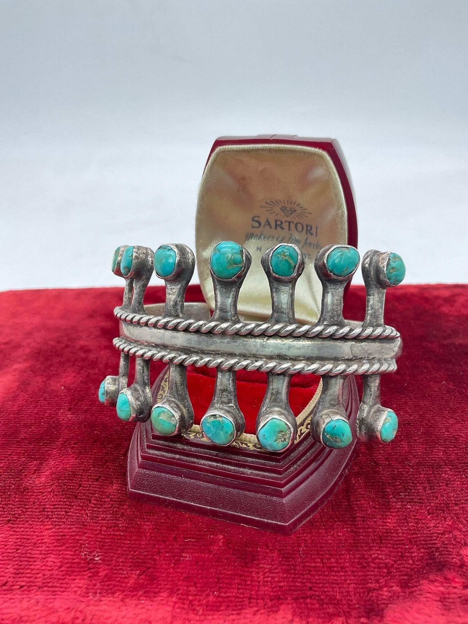 Gorgeous Native American old pawn silver turquoise studded bracelet with unique design (1 of 4)