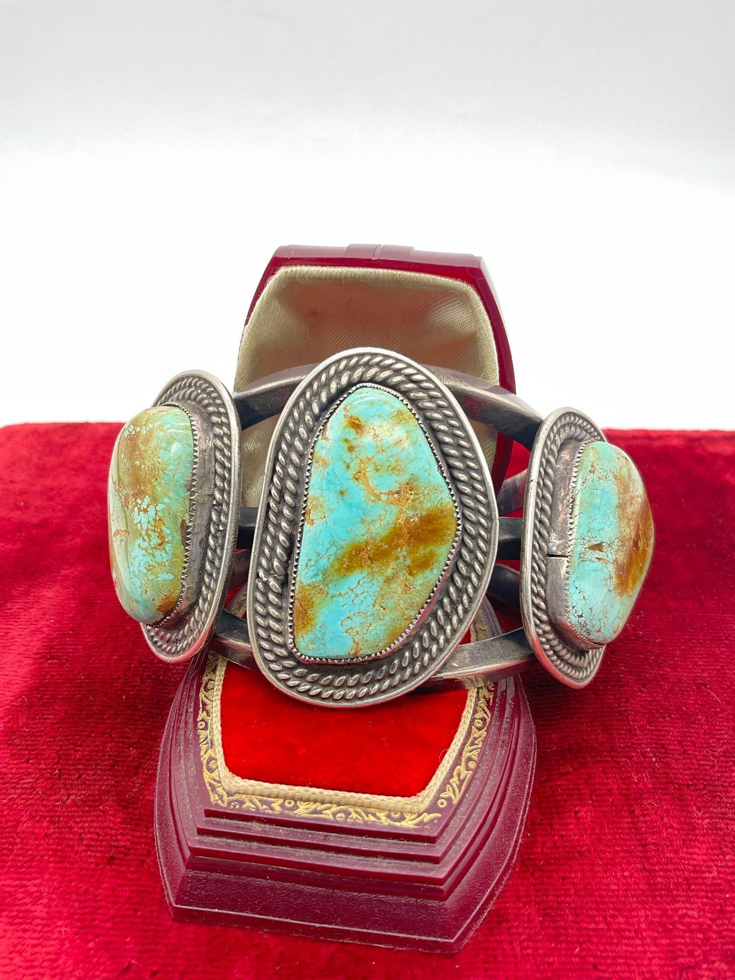 Unbelievable 138g pawn silver & turquoise Native American bracelet w/ massive stones (1 of 5)